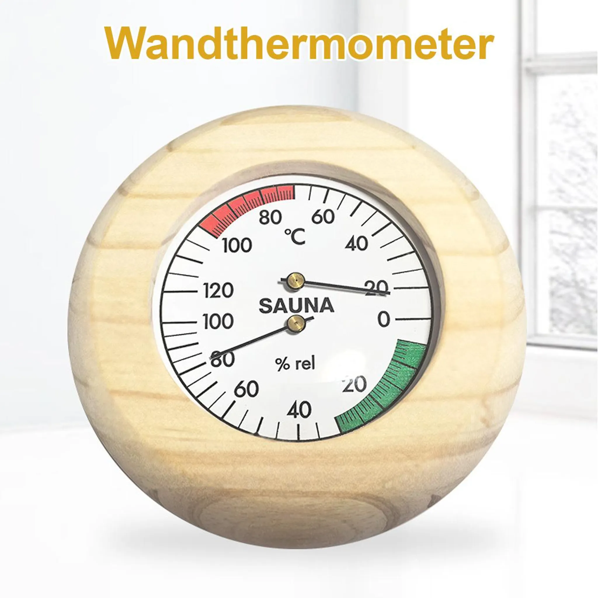 Holzgehäuse Thermometer mit zwei Zeigern, zeigt Temperatur und Luftfeuchtigkeit an.