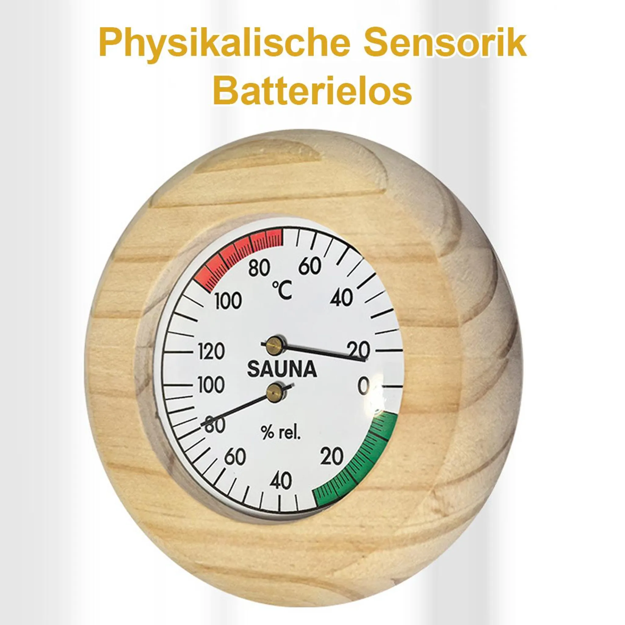Ein runder Holz-Hygrometer/Thermometer für eine Sauna mit zwei Zeigern.