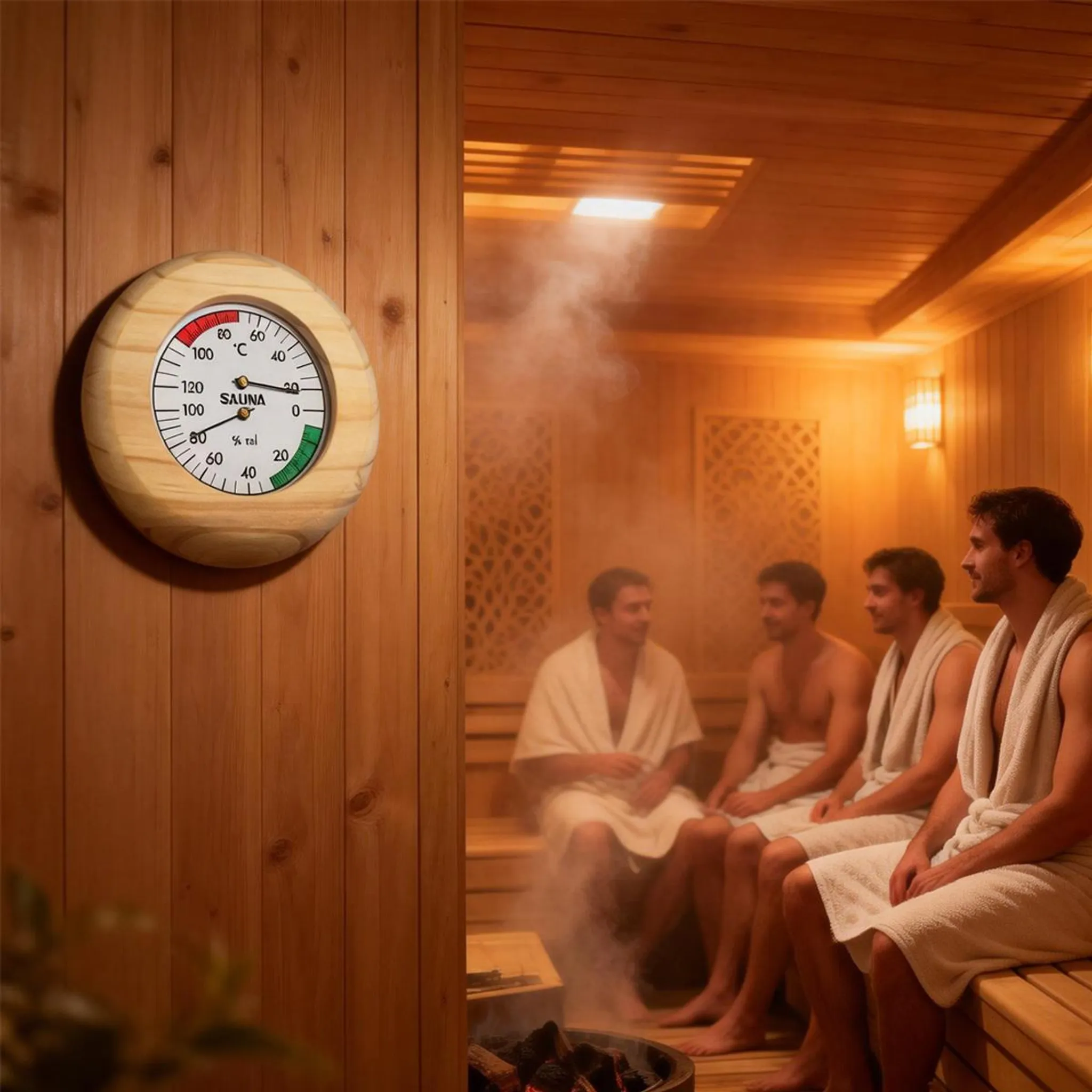 Männer in einem dampfenden Saunaraum sitzen auf Holzbänken, ein Thermometer hängt an der Wand.