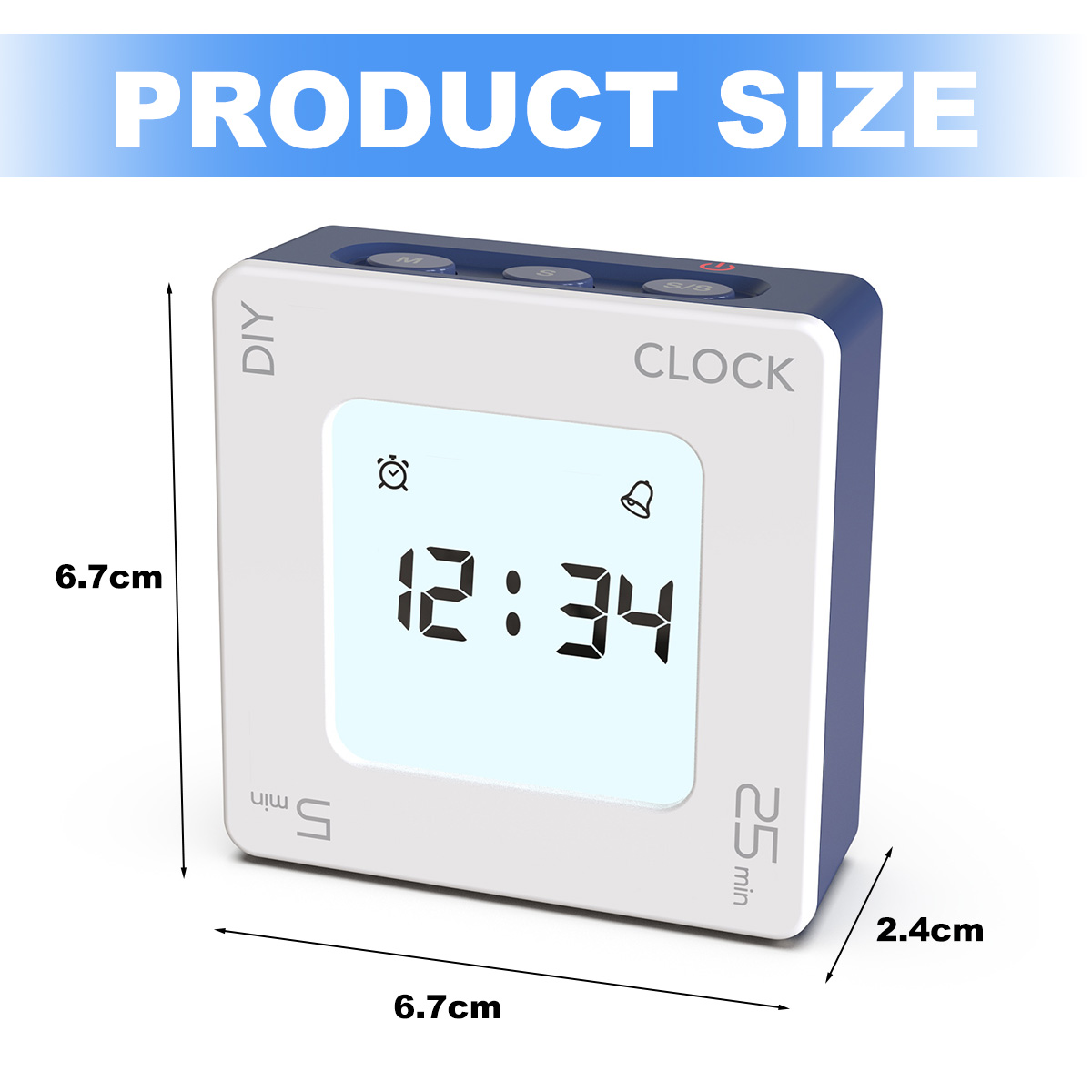 Weißer und blauer digitaler Timer, 6,7cm x 6,7cm x 2,4cm, zeigt 12:34.