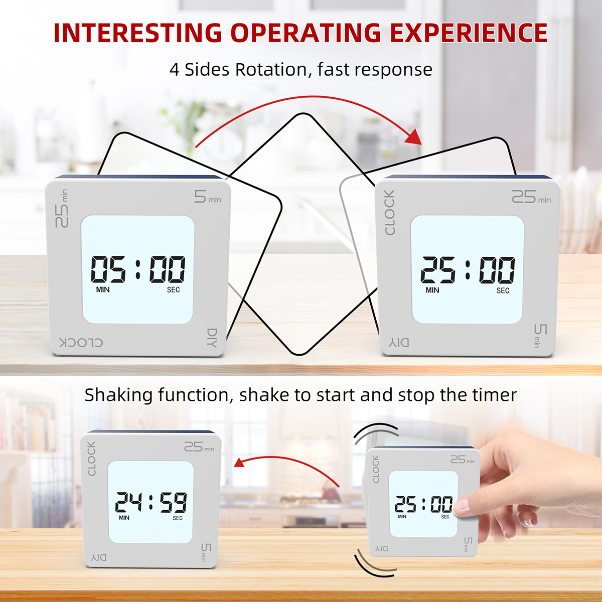 Digitaler Timer mit 4 Seiten, zeigt 5:00 und 25:00 an. Hält einen Schüttelfunktion-Hinweis.