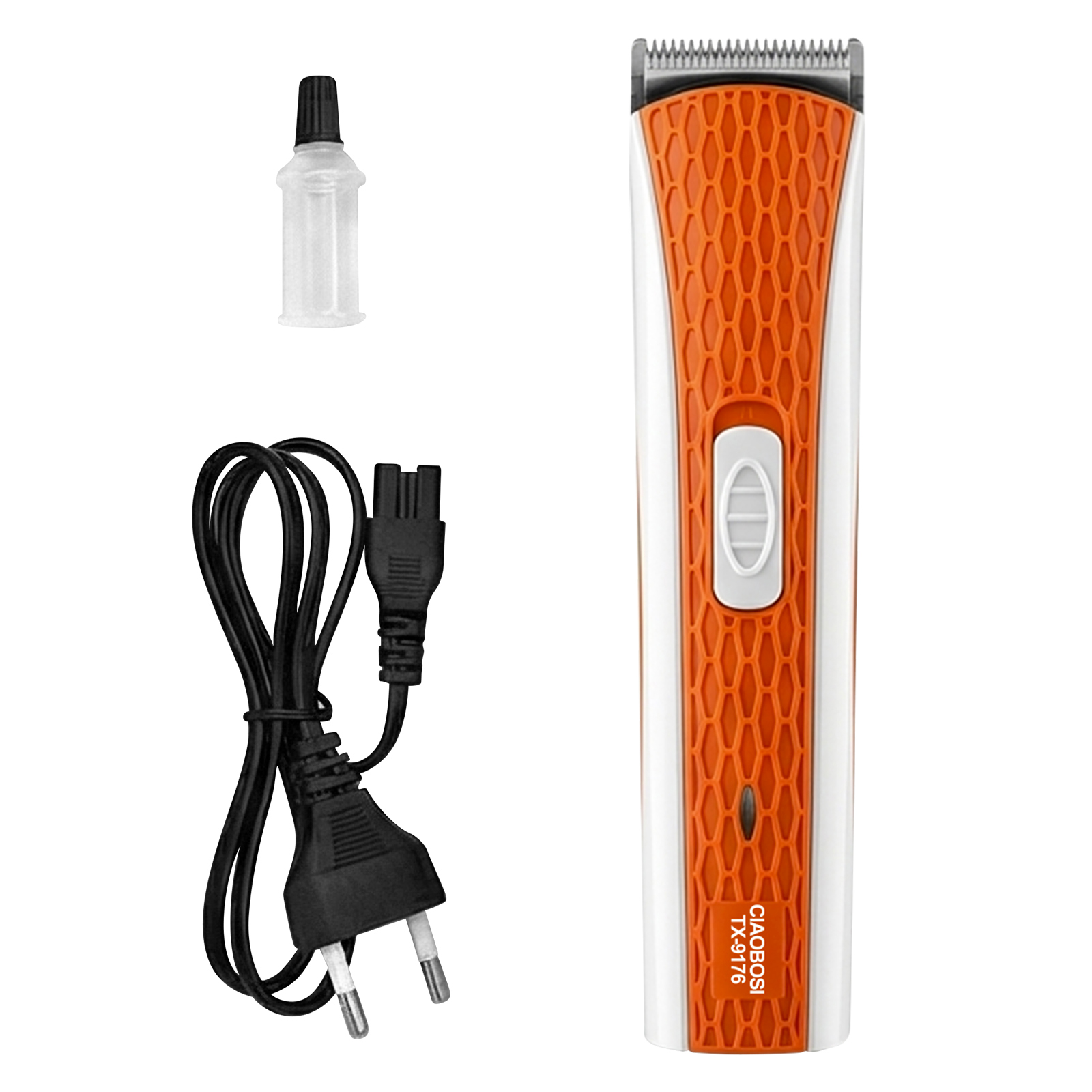 Ein orangefarbener Haartrimmer mit weißem Gehäuse, Ladekabel und Ölflasche.