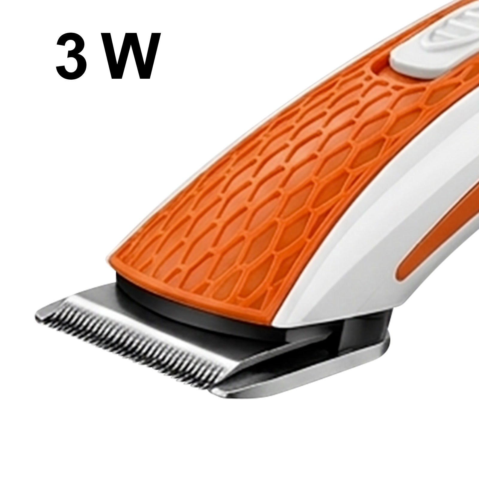 Ein weißer und oranger Haarschneider mit Metallklinge. Text: 3 W.