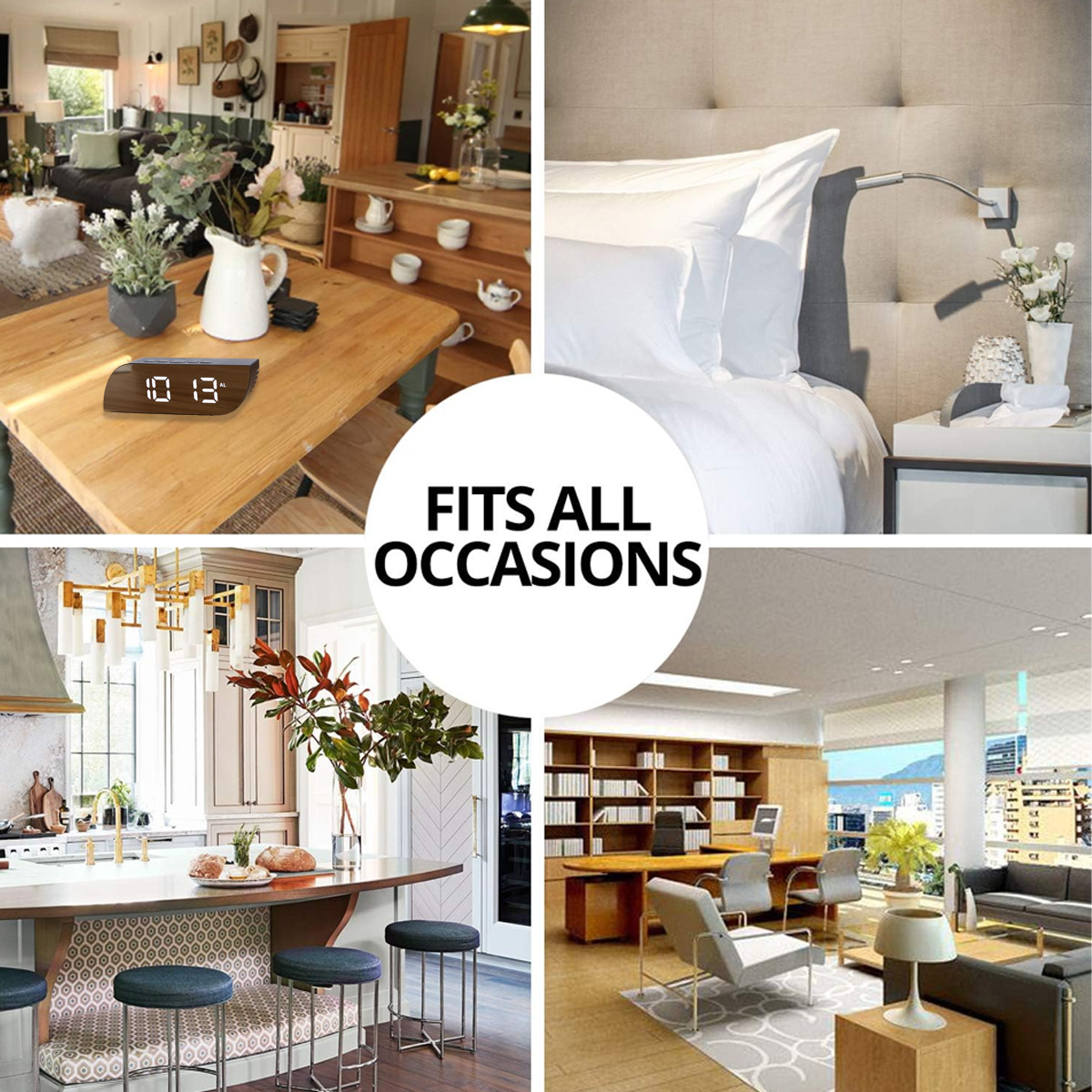 Collage zeigt Wohn-, Schlaf-, Küchen- und Bürobereiche mit Text "FITS ALL OCCASIONS".