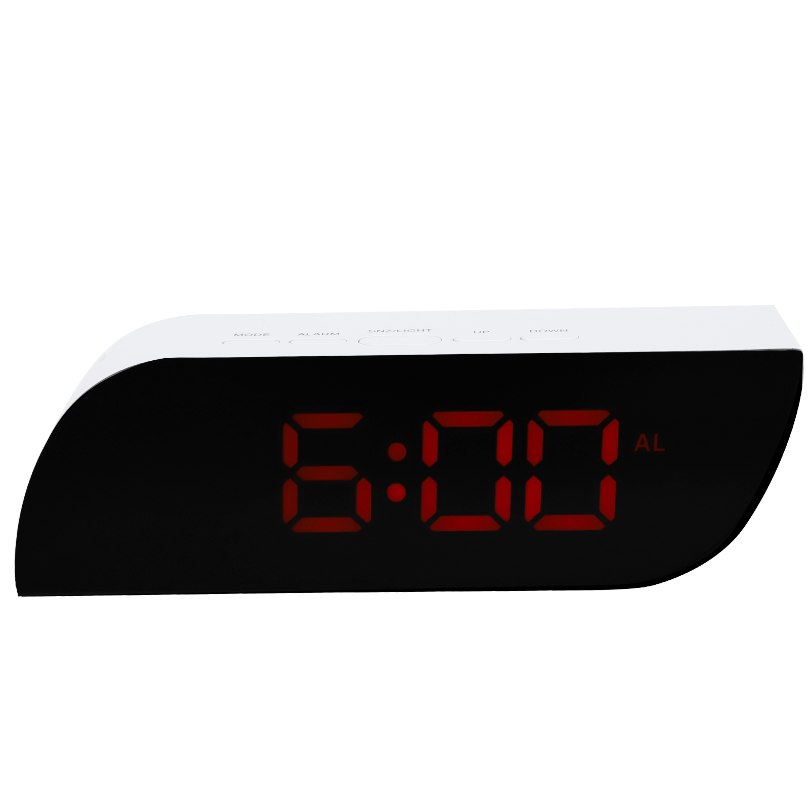 Ein digitaler Wecker zeigt 6:00 AM in roten Ziffern.