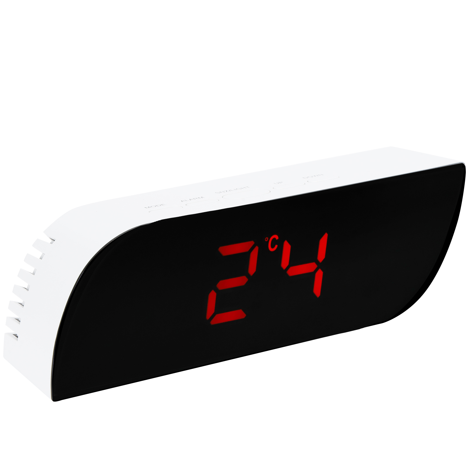 Ein weißer digitaler Wecker zeigt 24 Grad Celsius an.