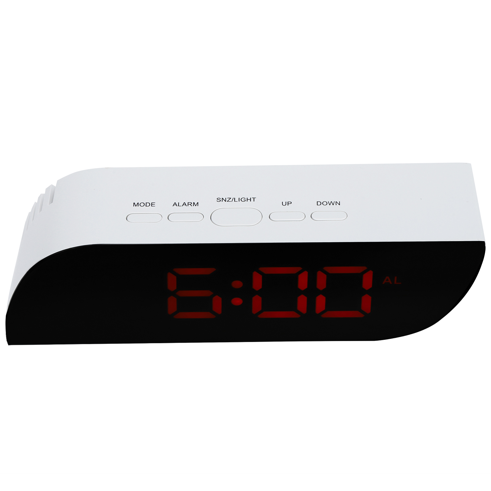 Ein weißer Digitalwecker zeigt 6:00 AM mit roten Ziffern an.