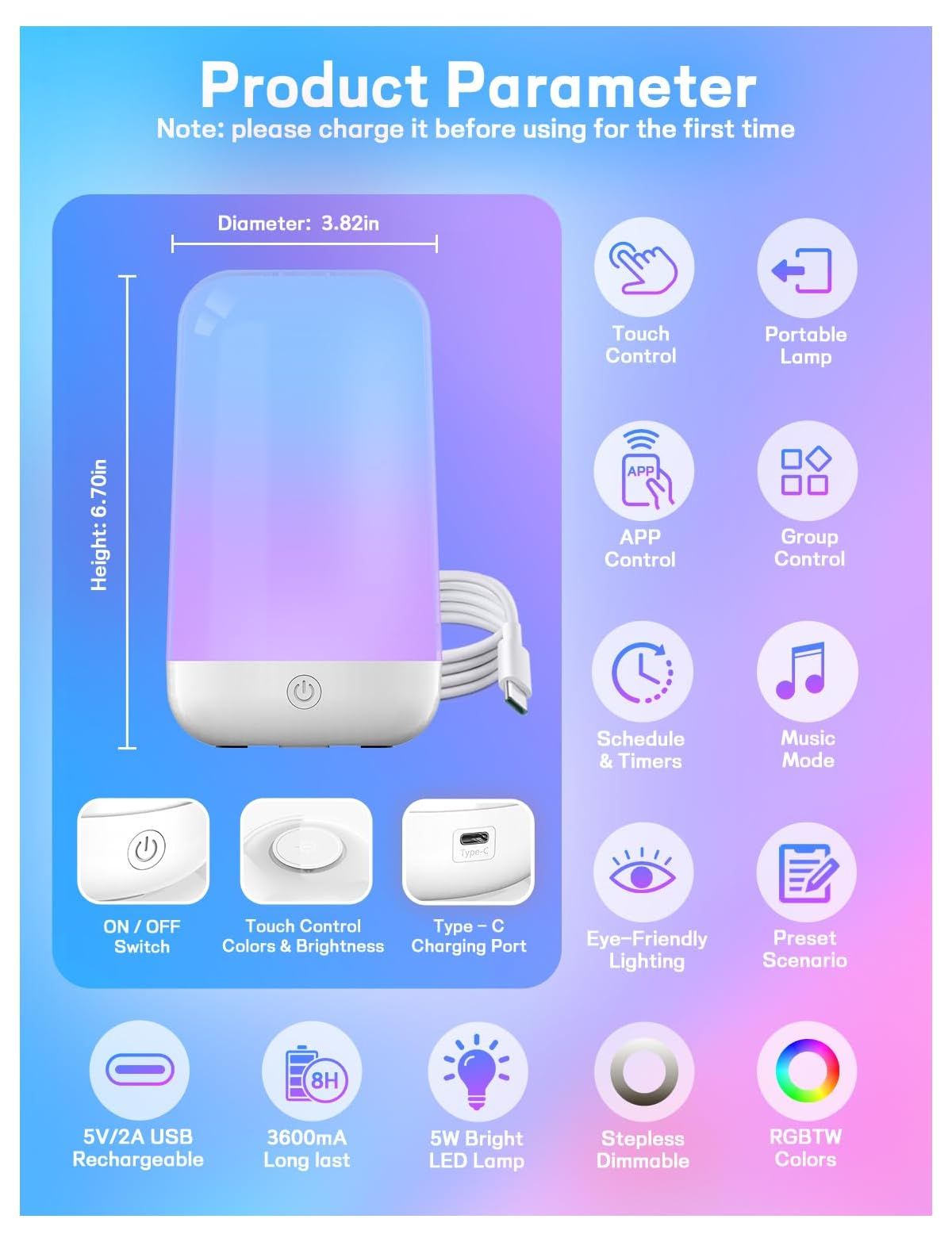 Produktparameter: Tischlampe mit Touch/App-Steuerung, 6,70 Zoll hoch, 3,82 Zoll Durchmesser.