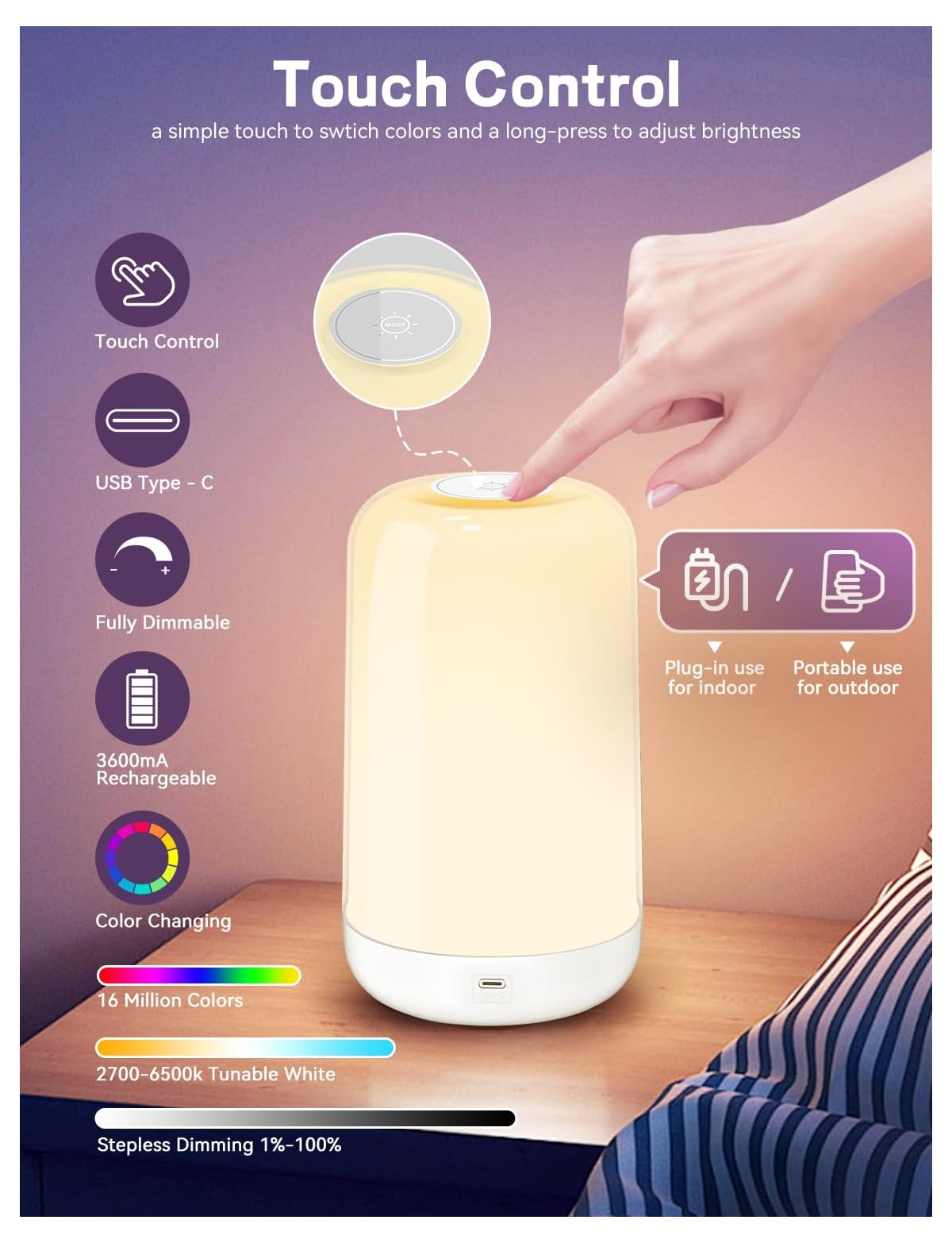 Eine berührungsempfindliche Lampe mit USB-C, dimmbar, 16 Mio. Farben.