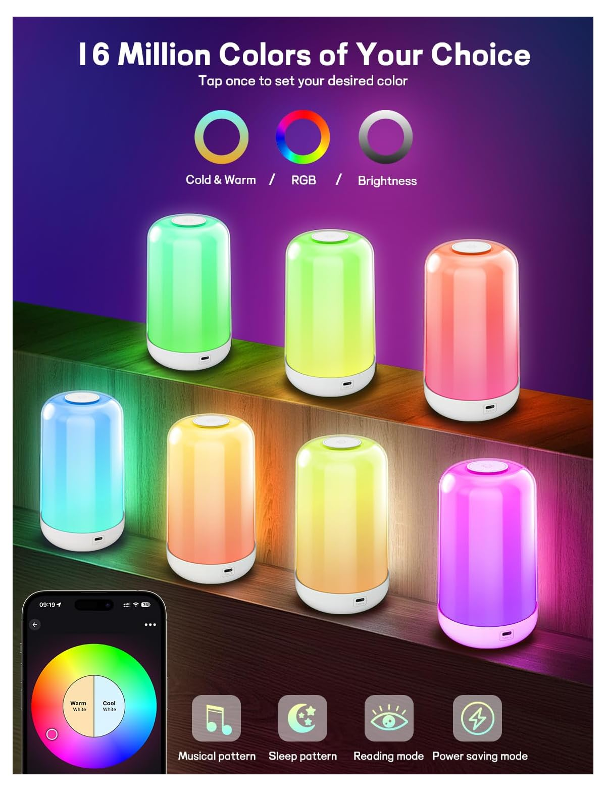 Sieben bunte Lampen werden angezeigt, mit einem Telefon, das Farboptionen zeigt.