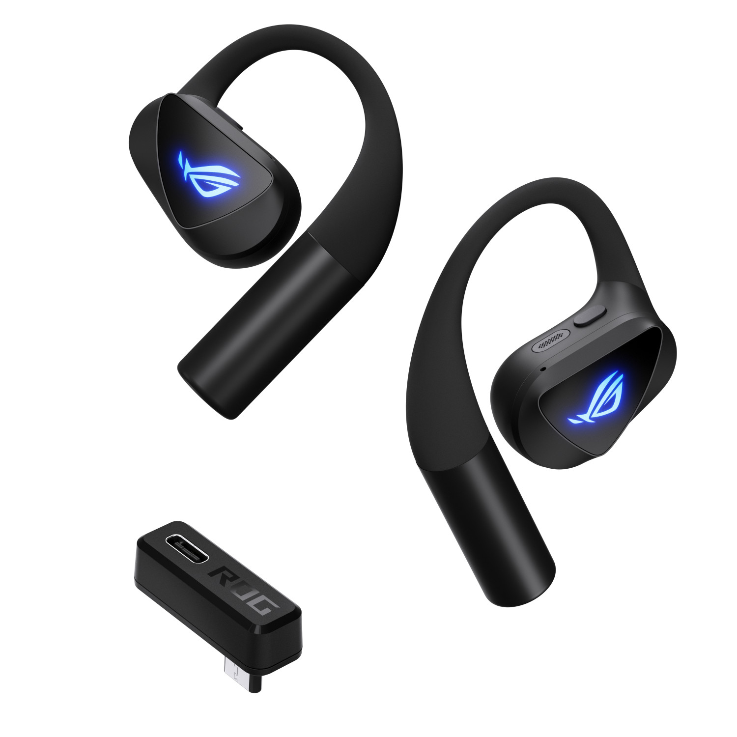 Auricolari wireless neri con loghi blu luminosi e adattatore USB-C.