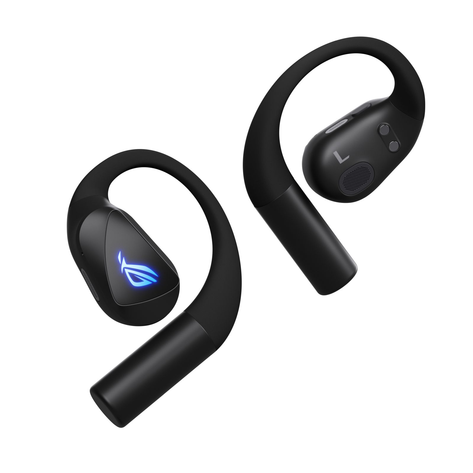 Due auricolari neri wireless con logo blu e ganci.
