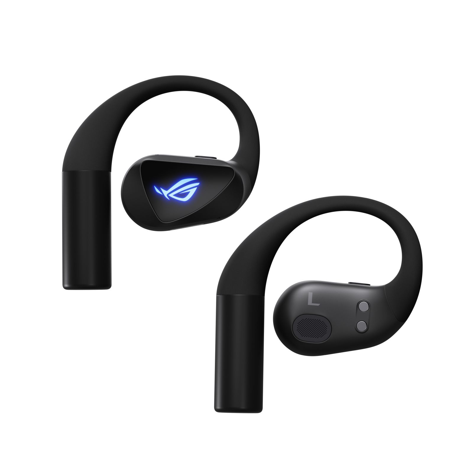 Auricolari neri con logo blu luminoso e marchio L.