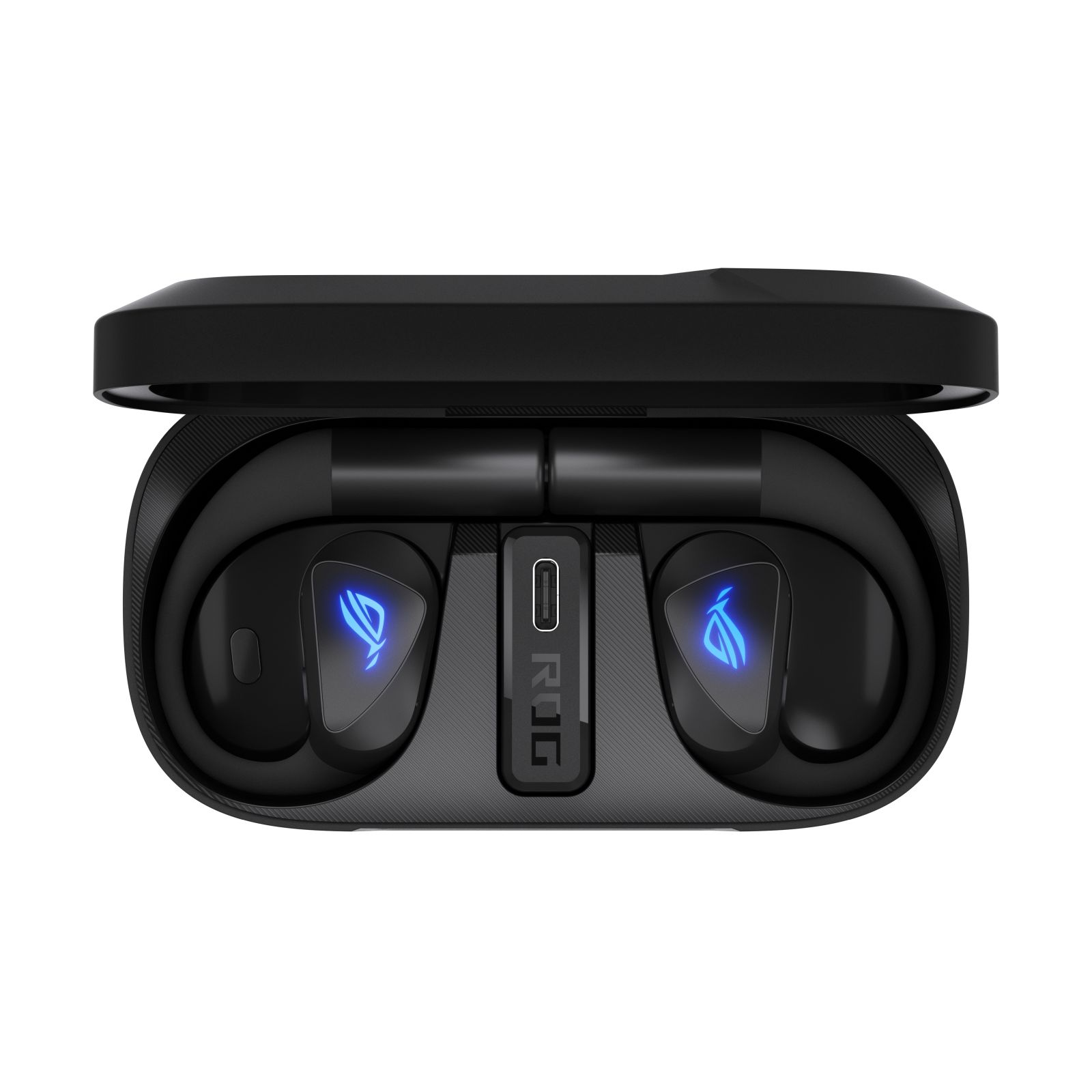 Auricolari wireless neri con loghi blu illuminati in una custodia di ricarica nera aperta.