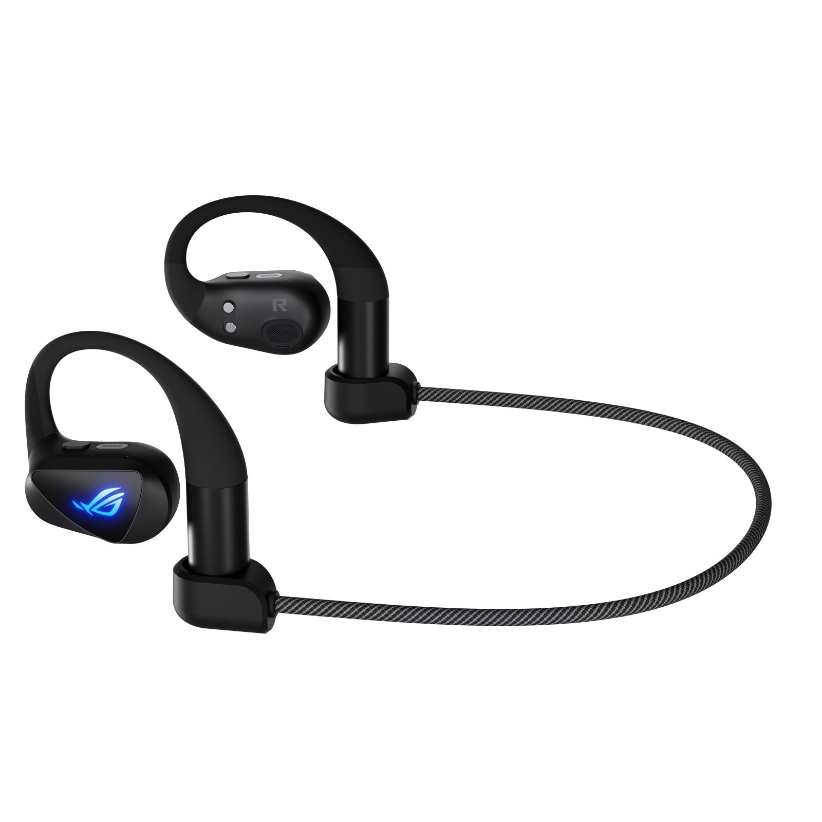 Auricolari wireless neri con logo blu e cavo.