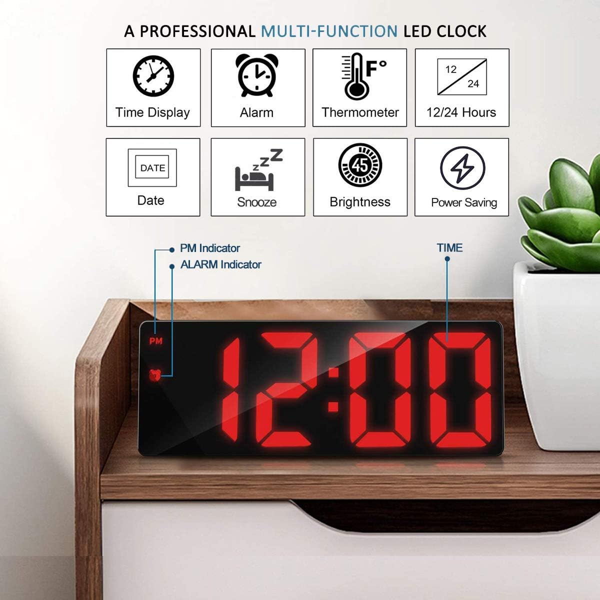 Ein rotes LED-Digitaluhr-Display zeigt 12:00 Uhr an. Oben sind Symbole für Funktionen.