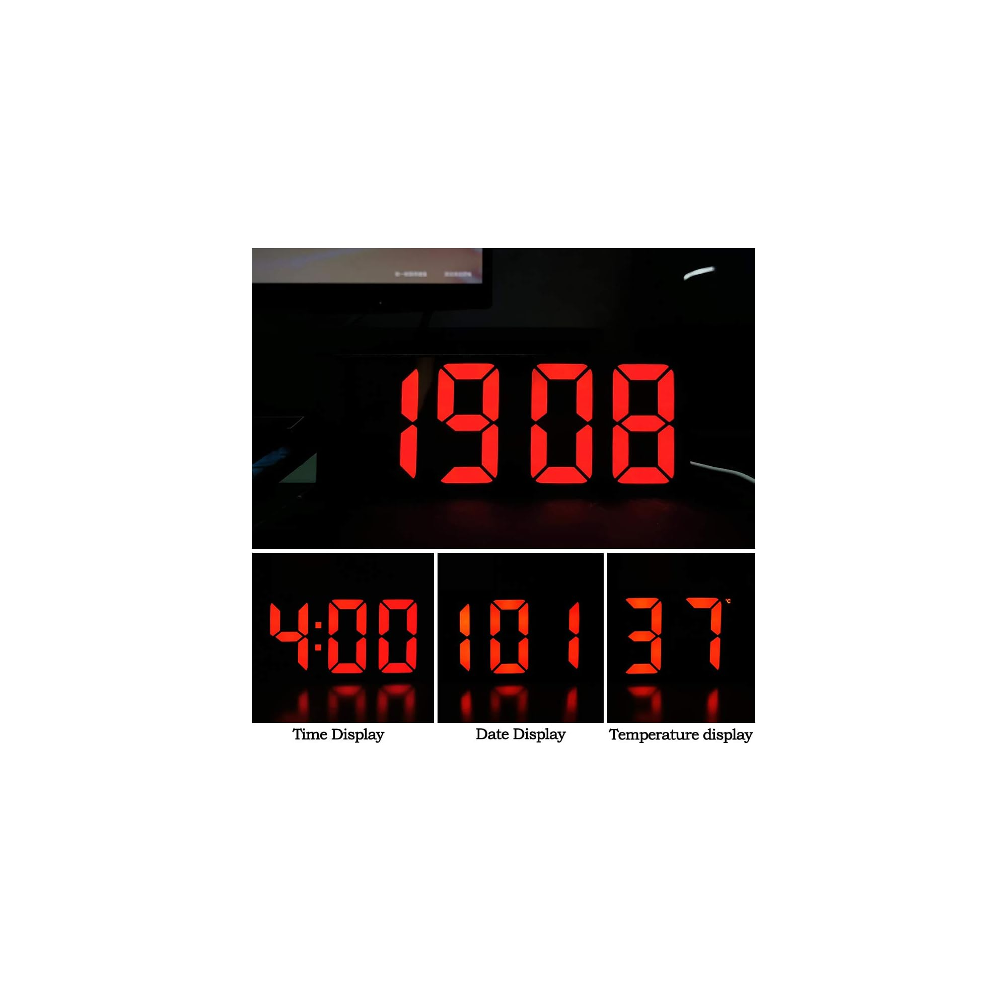 Digitaluhr mit roter LED-Anzeige: 19:08, 4:00, 10.13, 37°C.
