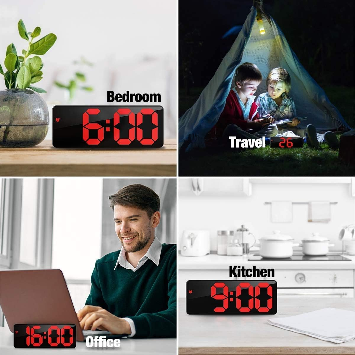 Digitaluhr zeigt 6:00 im Schlafzimmer, Kinder im Zelt, Mann am Laptop, Uhr zeigt 16:00, Küche mit Uhr 9:00.