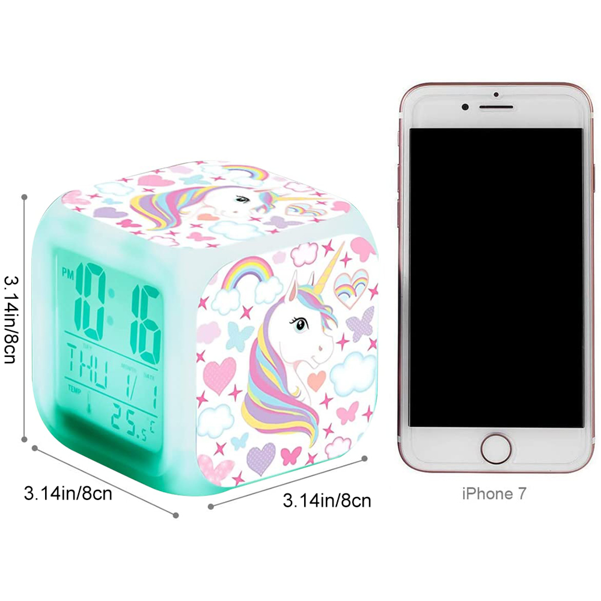 Ein leuchtender Würfel-Wecker mit Einhorn-Motiv neben einem iPhone 7.