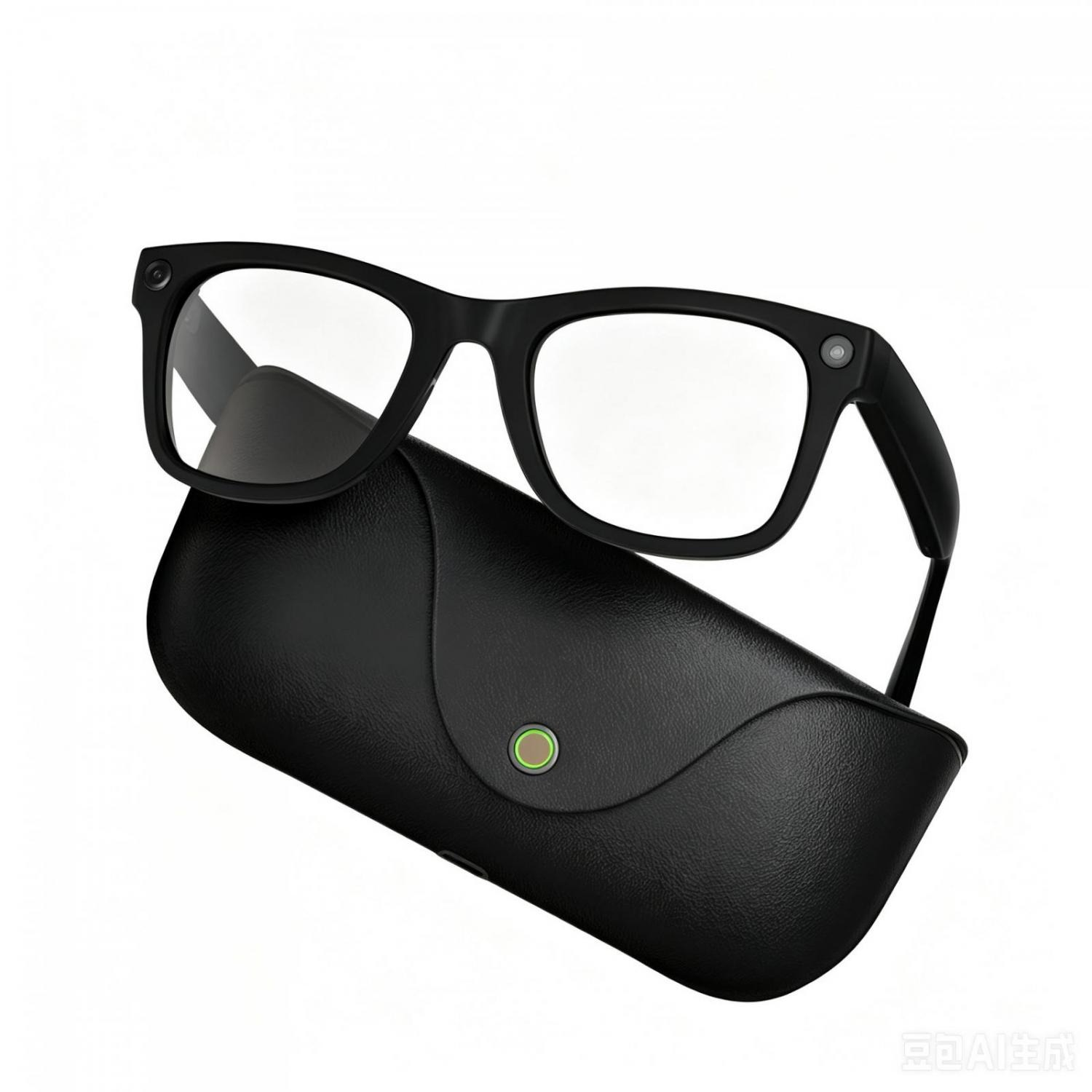 Schwarze Brille auf schwarzem Etui mit grünem Knopf