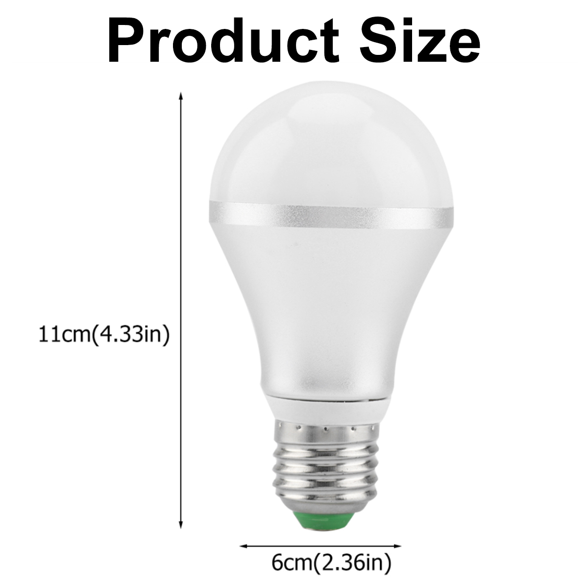 Produktgröße: LED-Birne 11cm hoch, 6cm breit. Weiße Birne, Silberband, grüner Sockel.