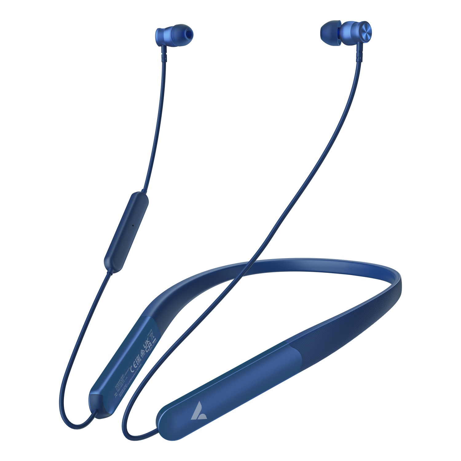 Cuffie Bluetooth da collo blu scuro con auricolari intrauricolari e un filo.