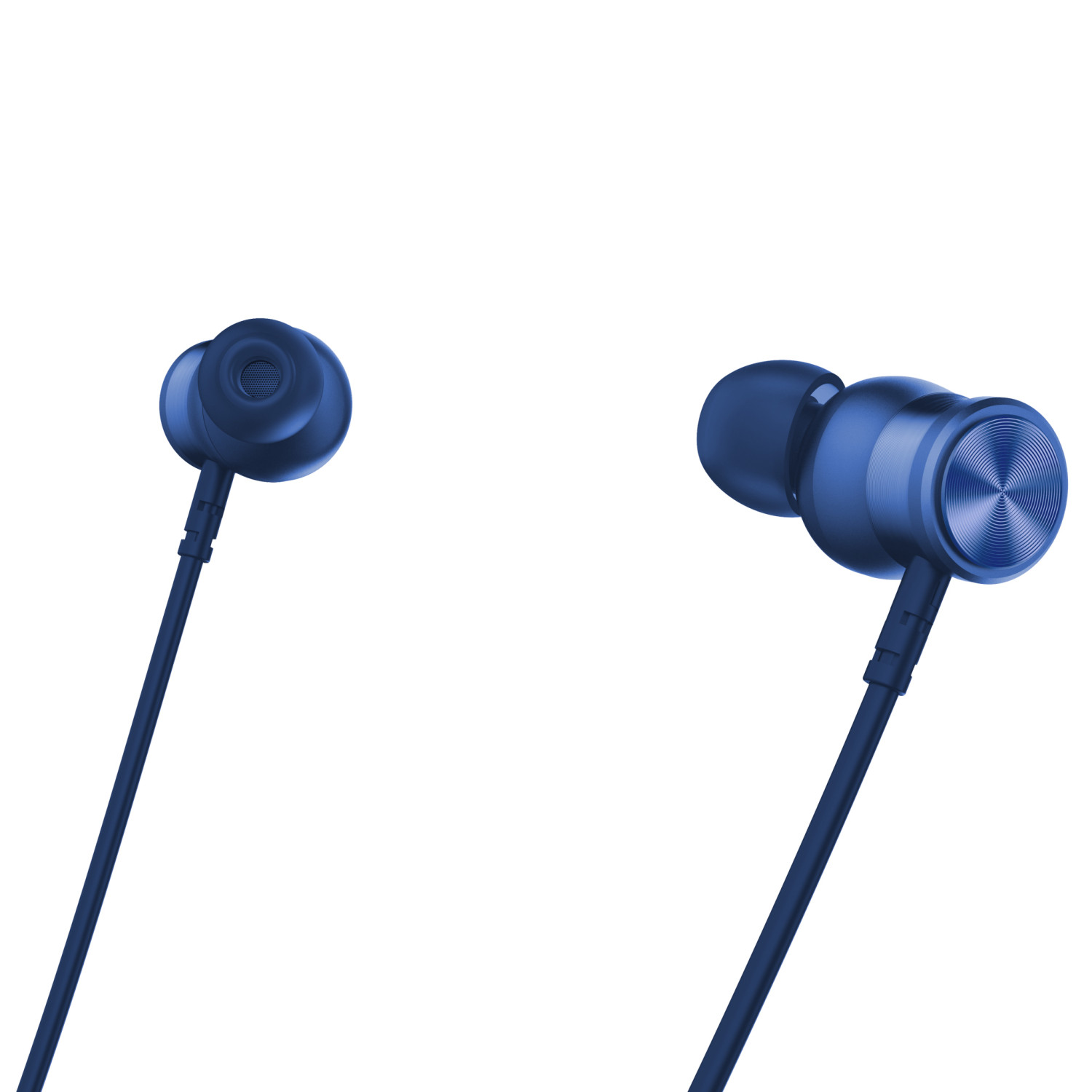 Due auricolari blu con dettaglio circolare testurizzato su uno. Isolati su bianco.