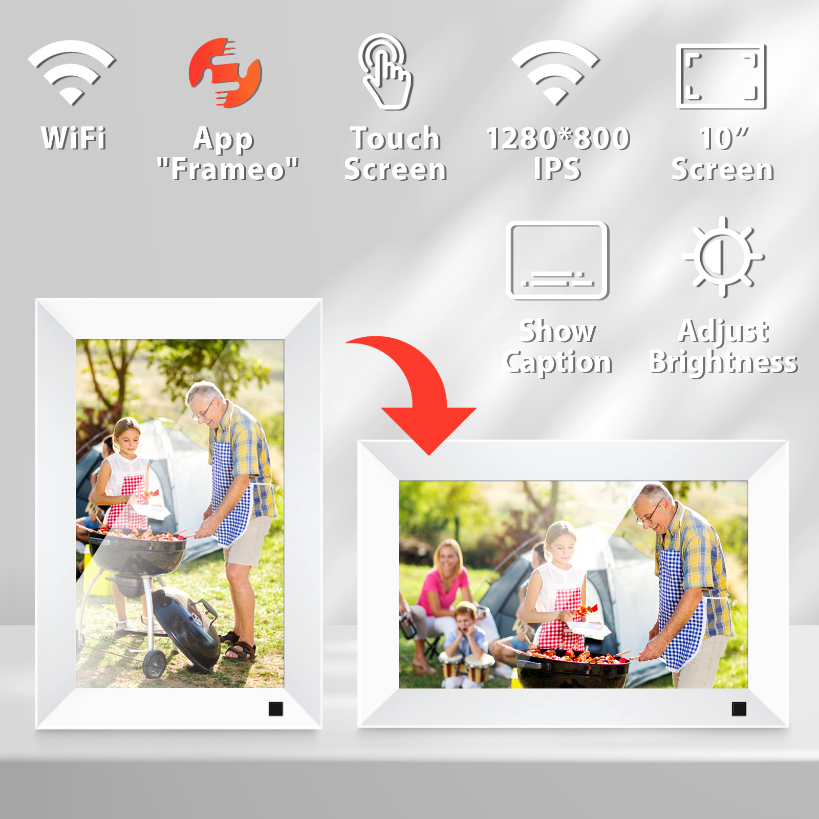 Ein Mann und ein Mädchen grillen im Freien, während eine Familie im Hintergrund zeltet.