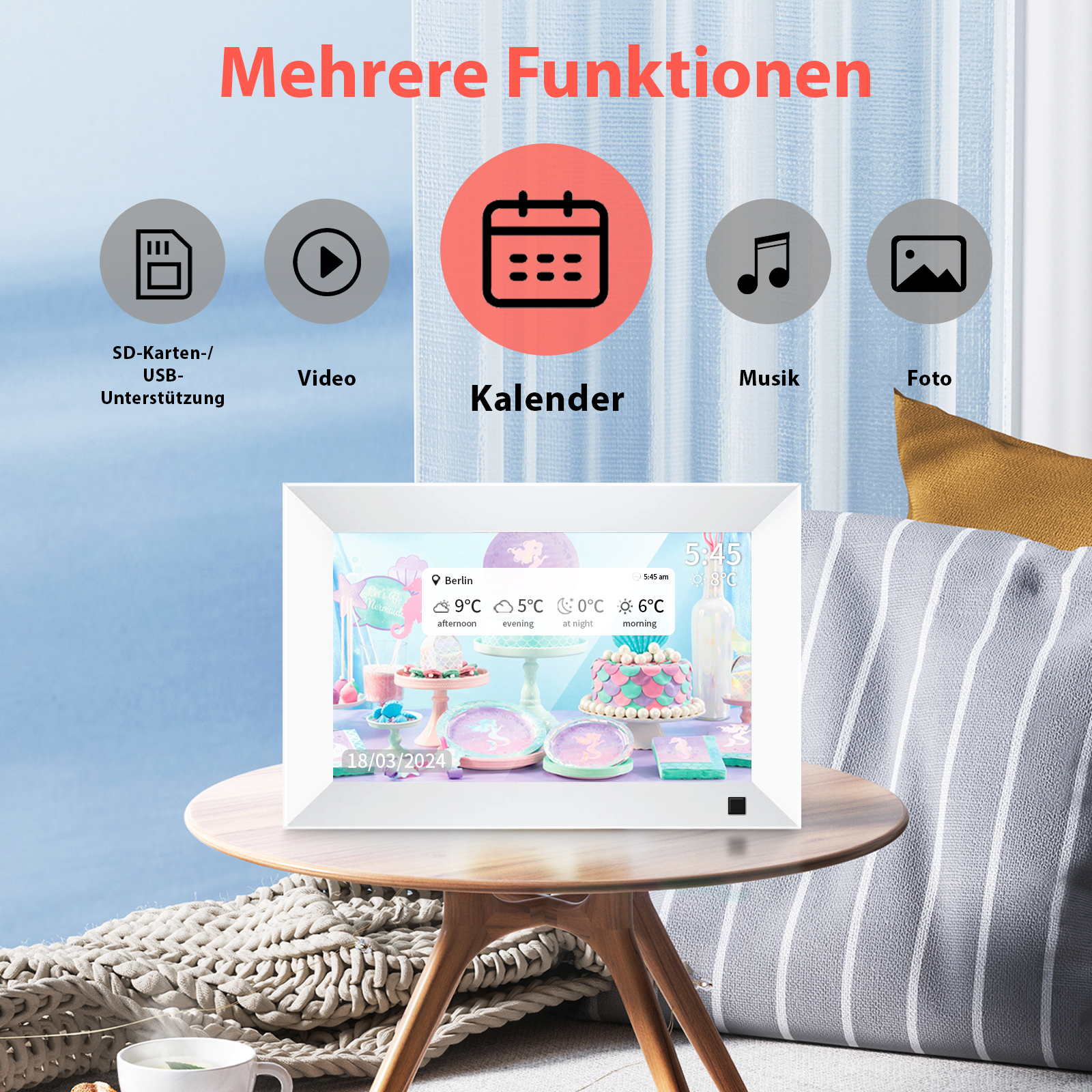 Digitaler Bilderrahmen zeigt Kalender mit Wetter und Datum, daneben Symbole für Funktionen.