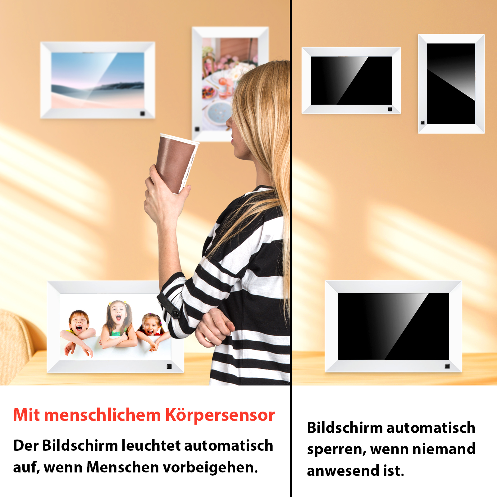 Eine Frau hält eine Tasse, während digitale Bilderrahmen an einer Wand hängen.