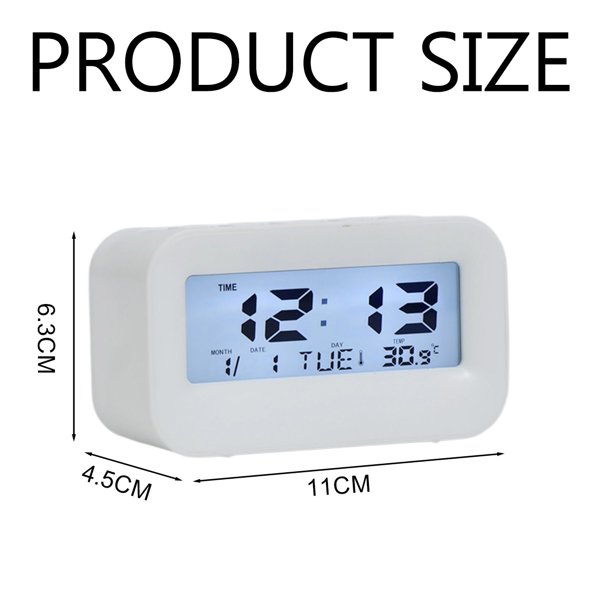 Weiße Digitaluhr zeigt 12:13, Datum, Dienstag, 30,9C. Maße: 11x6,3x4,5cm.