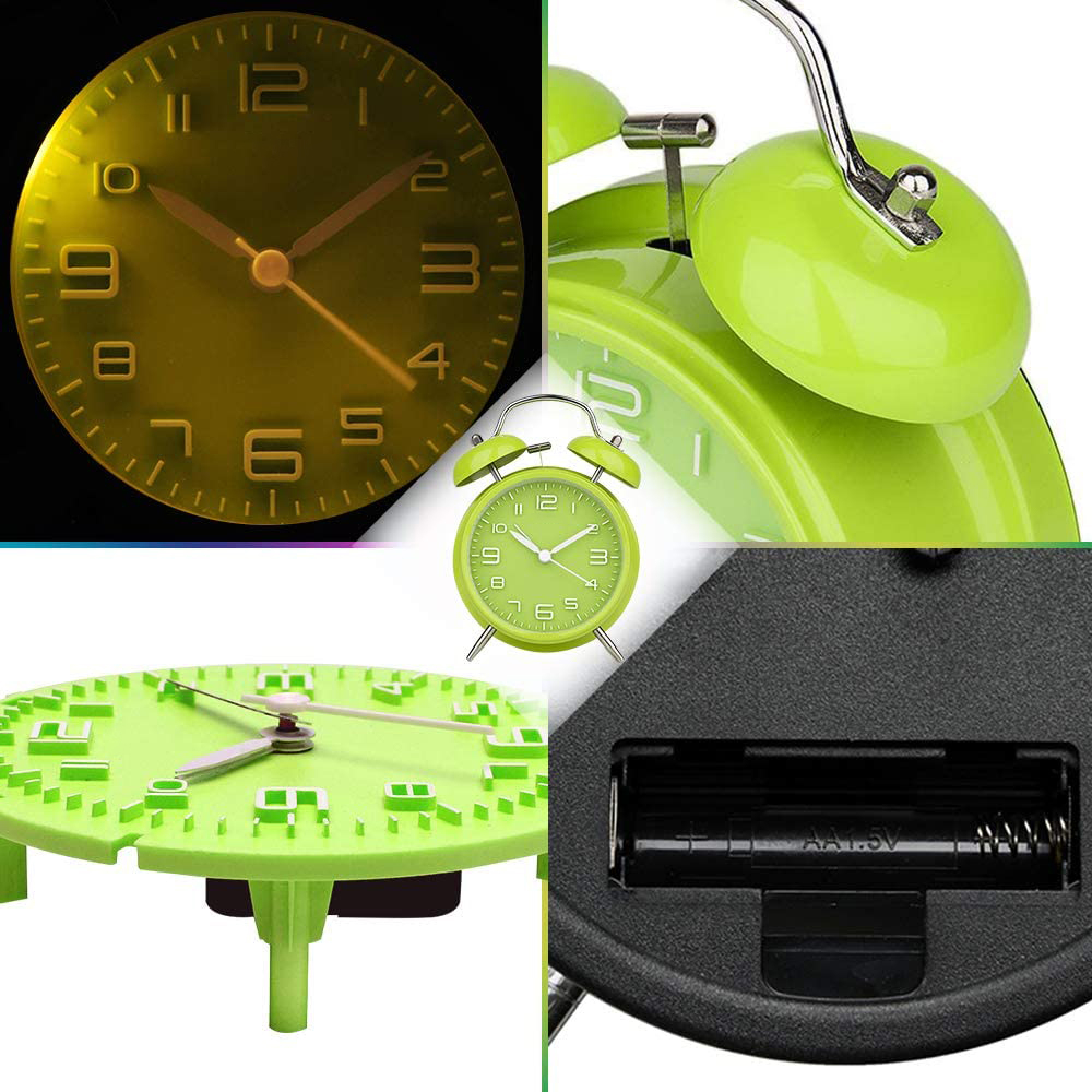Collage aus vier Bildern: gelbes Zifferblatt, grüne Wecker, grünes Zifferblatt, Batteriefach.