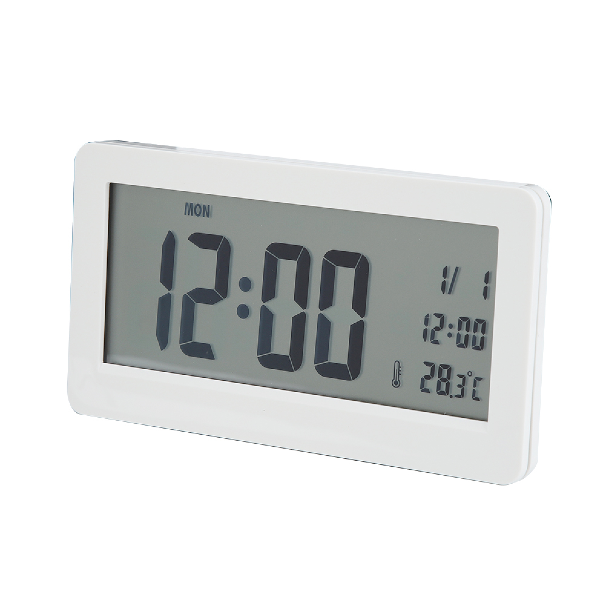 Ein weißer digitaler Wecker zeigt 12:00 Uhr und 28,3°C an.