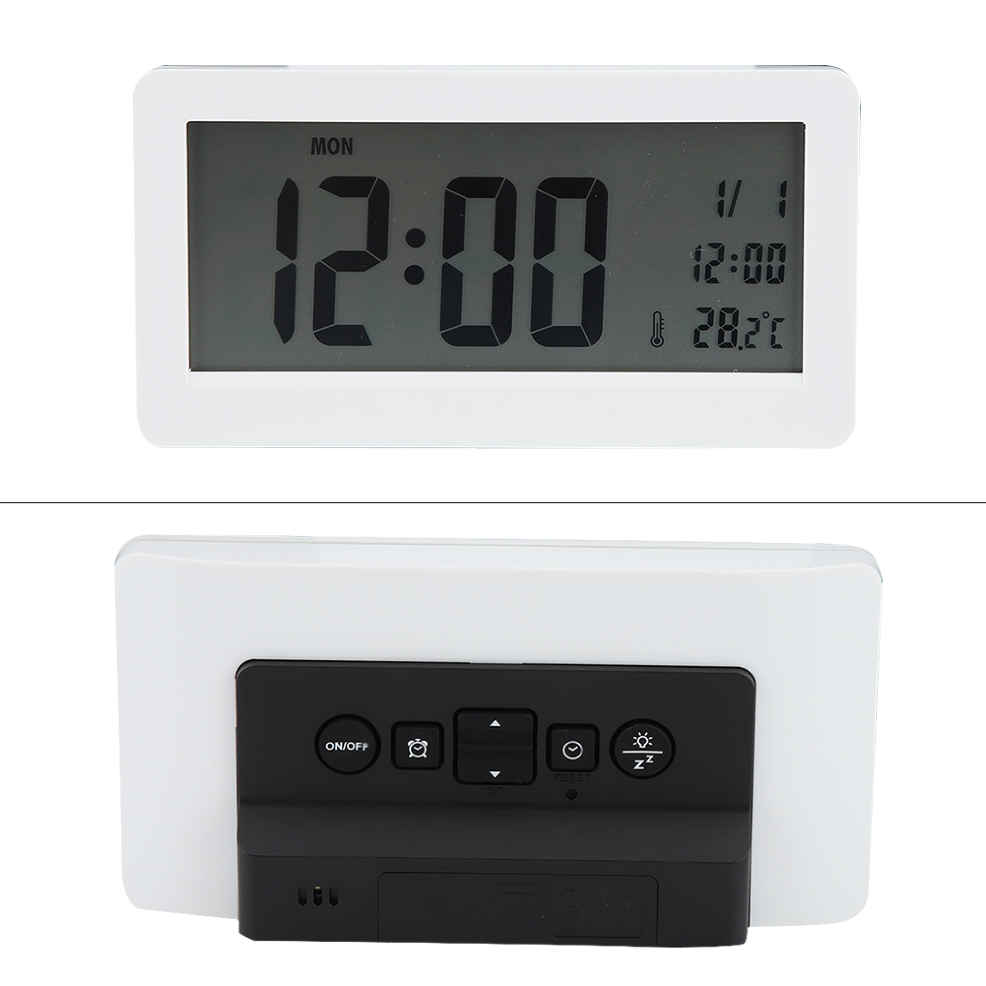Digitaler Wecker mit Monatsanzeige, 12:00 Uhr, 28,2°C und Bedienelementen.