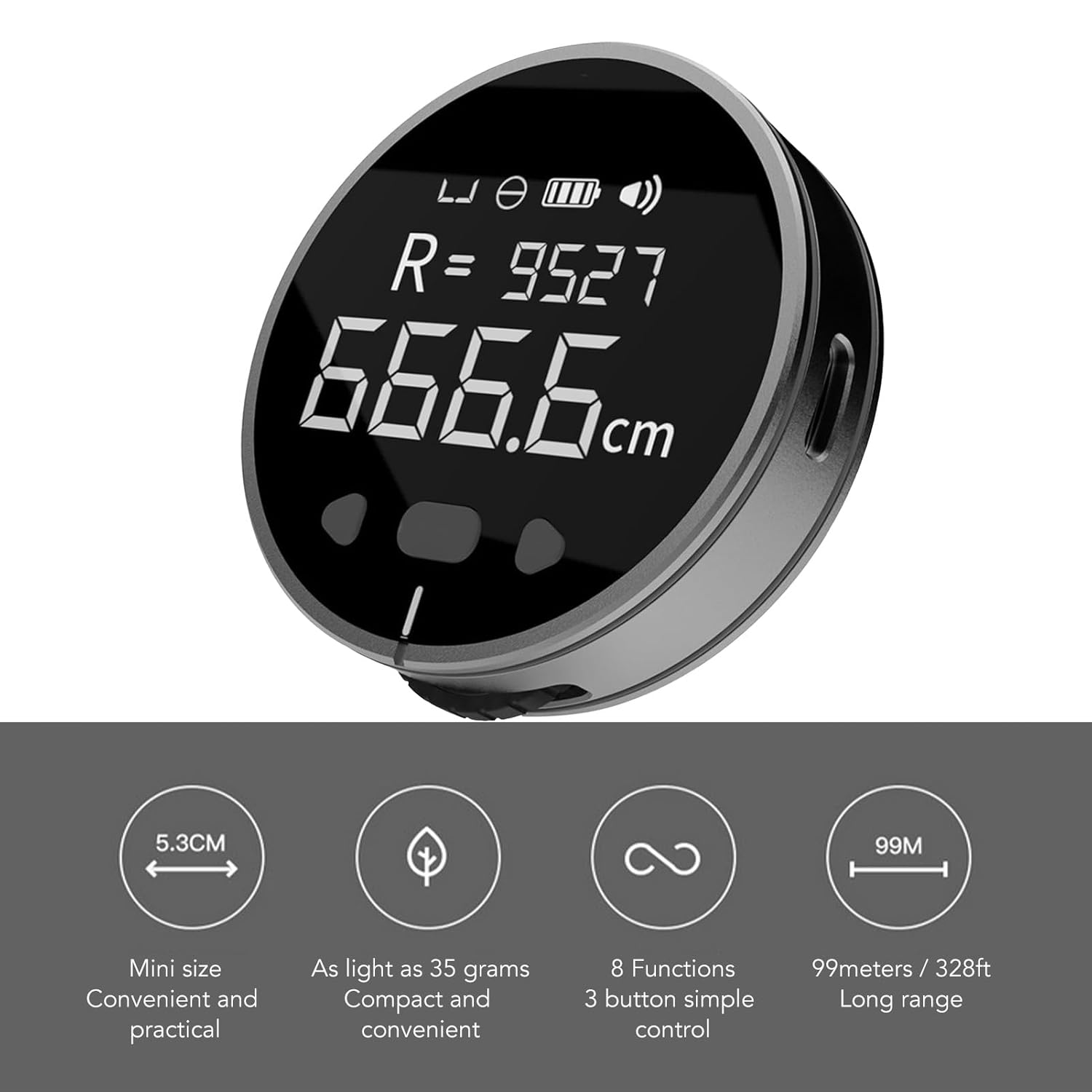 Ein digitales Messgerät mit schwarzem Display zeigt R=9527 und 666.6cm an.