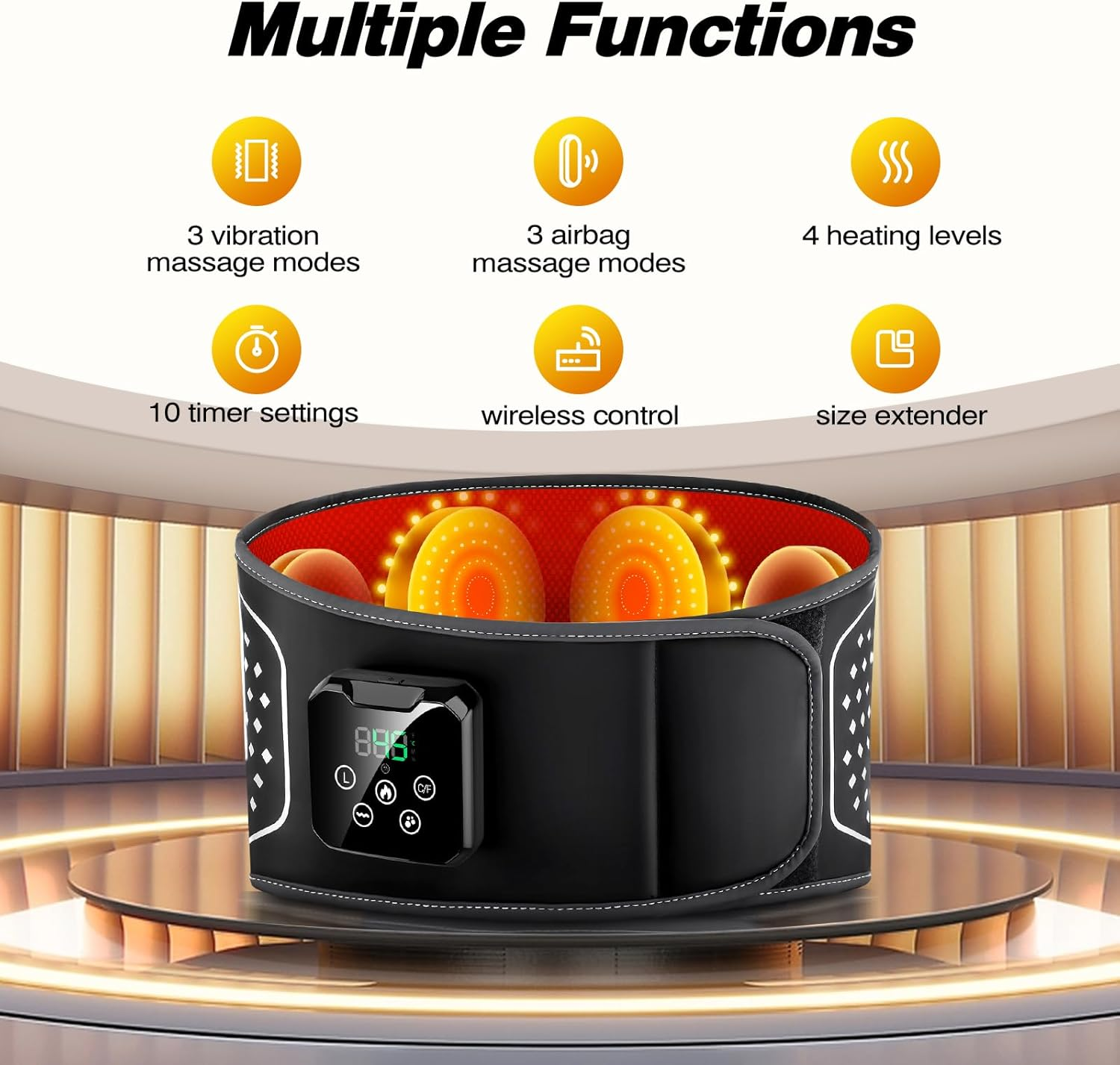 Schwarzer Massagegürtel mit Digitalanzeige, zeigt mehrere Funktionen wie Vibration, Airbag, Heizung, Timer, Funksteuerung.