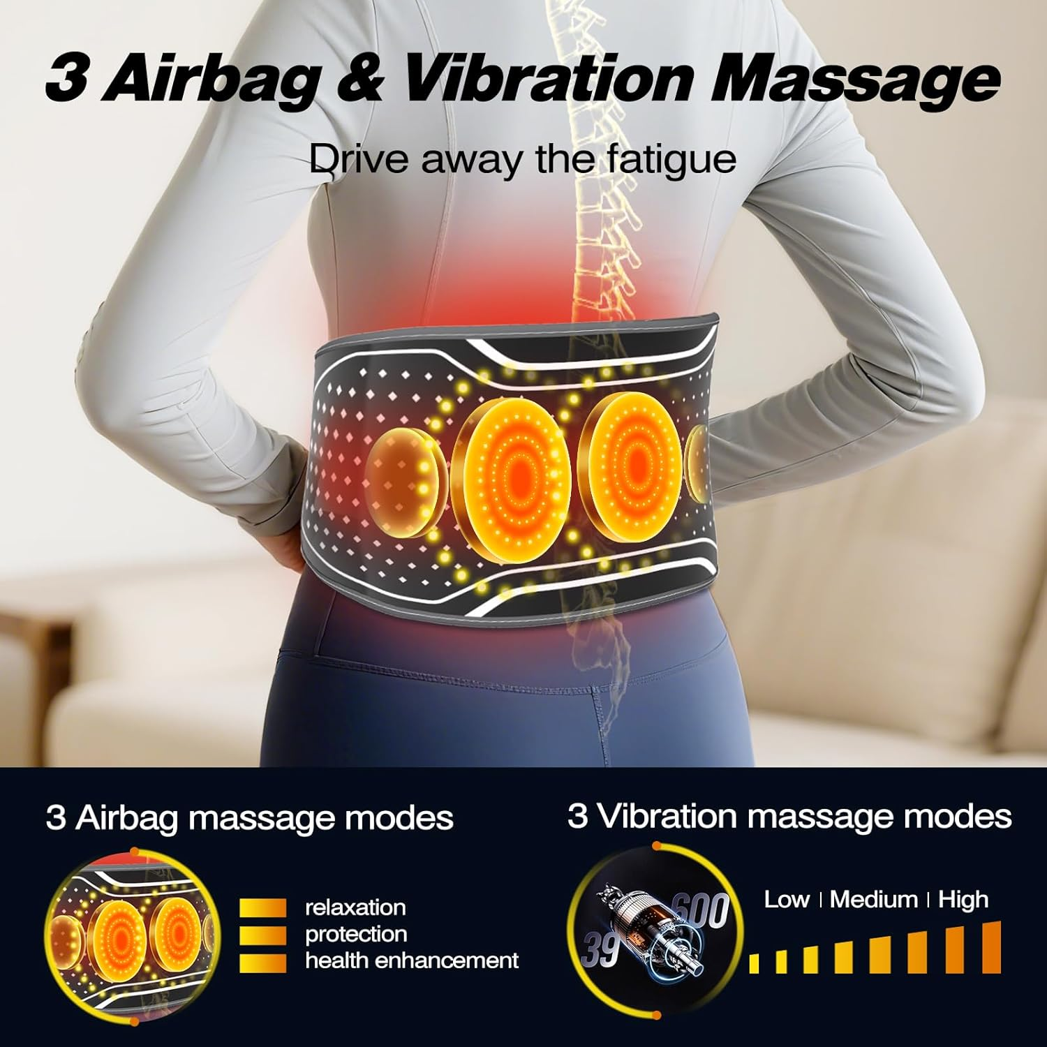 Ein Mann trägt einen schwarzen Massagegurt mit leuchtenden orangefarbenen Kreisen.