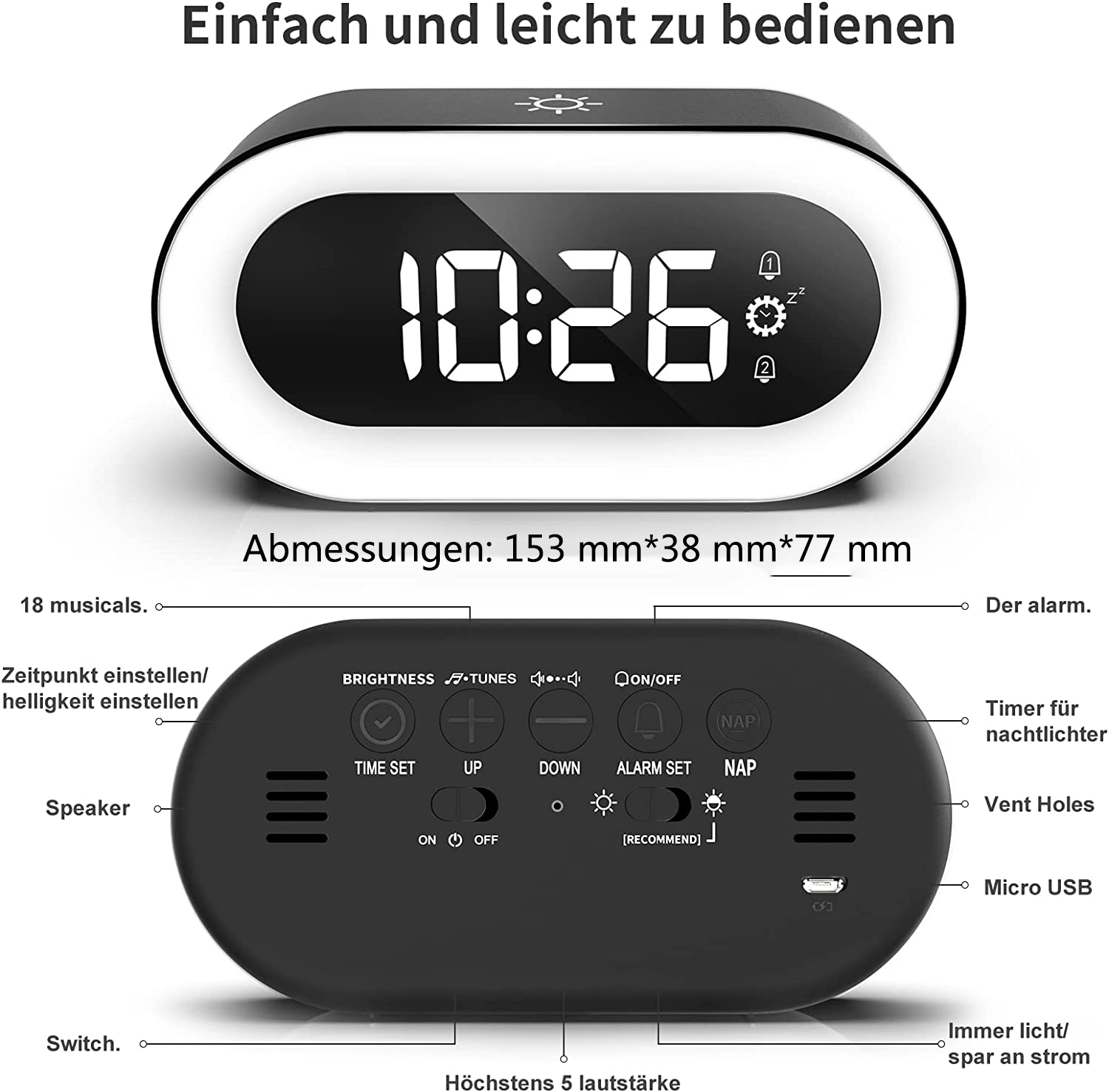 Digitaler Wecker mit 10:26 Anzeige, Snooze-Taste und Lautstärkeregelung.