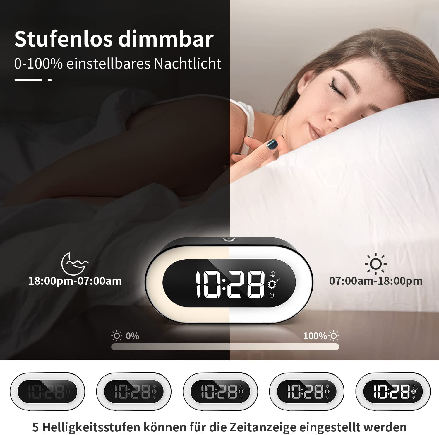 Ein Nachttischwecker mit einstellbarer Helligkeit, der eine Frau zeigt, die schläft.