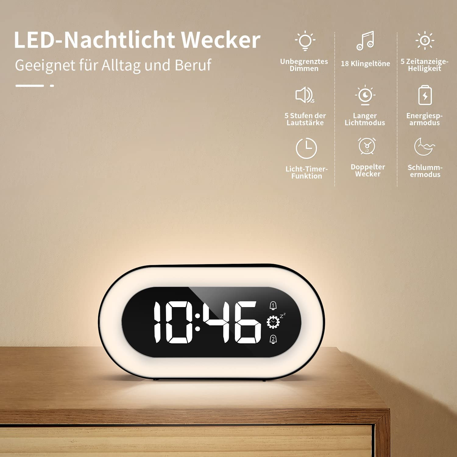 Ein moderner digitaler Wecker mit LED-Anzeige, der 10:46 Uhr zeigt.