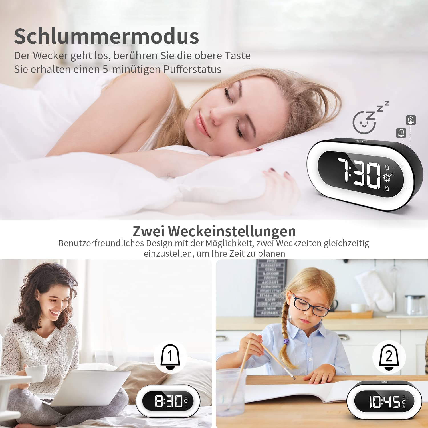 Frau schläft, Wecker zeigt 7:30. Unten: Frau mit Laptop, Wecker 8:30. Mädchen malt, Wecker 10:45.