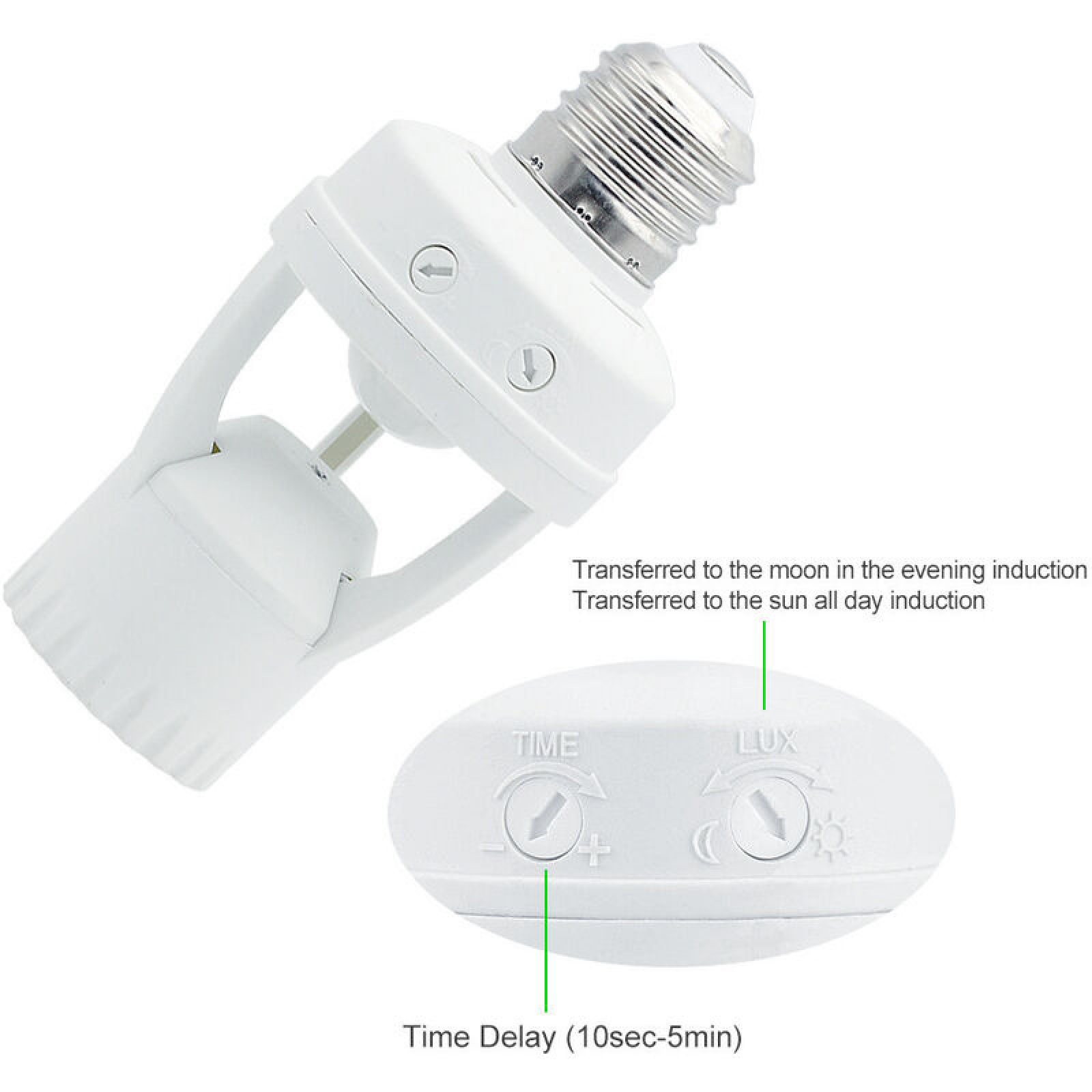 Ein weißer Lampensockel-Adapter mit Einstellknöpfen für Zeit und Licht.