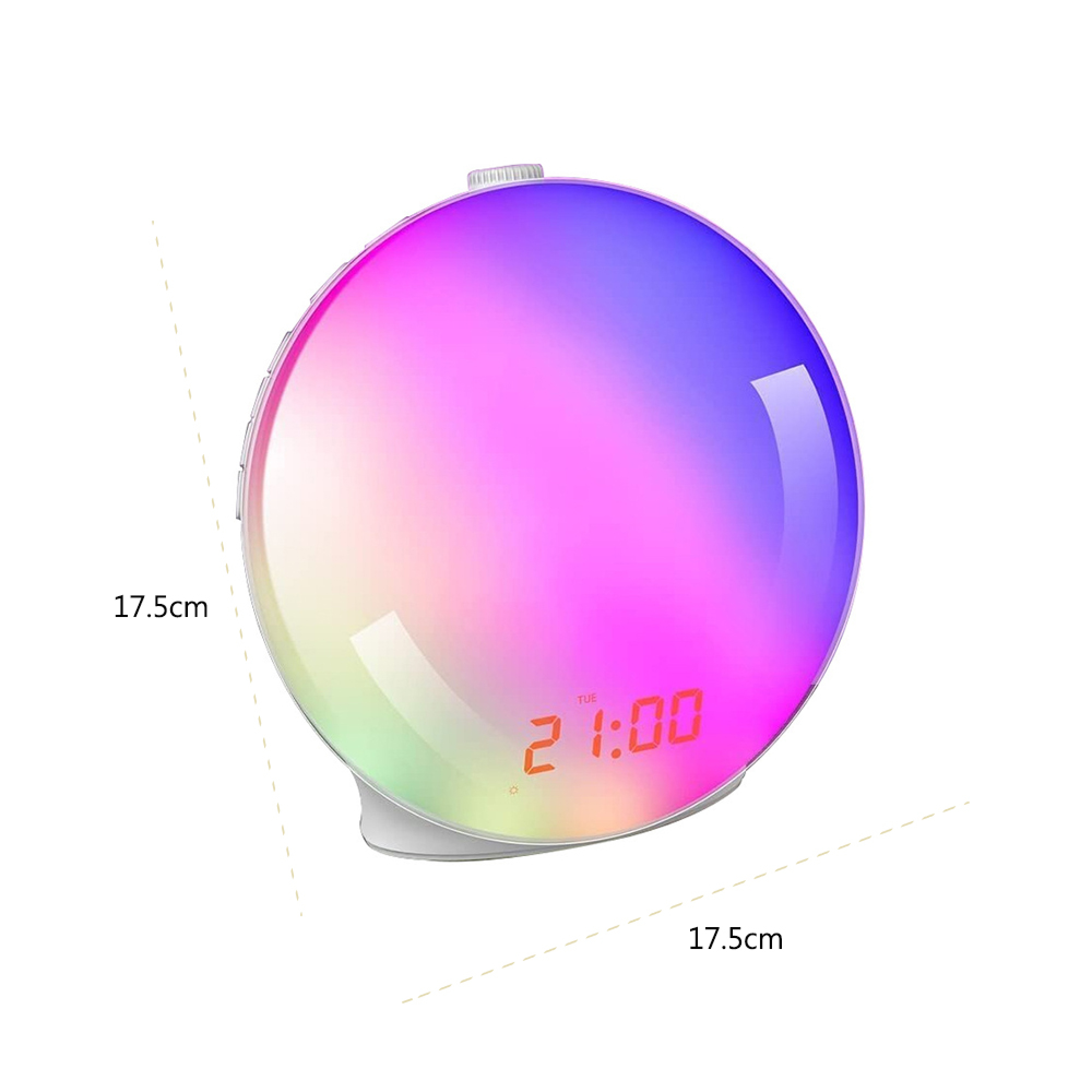 Ein runder Wecker mit Farbwechsel und rotem Digitaldisplay, das 21:00 anzeigt.