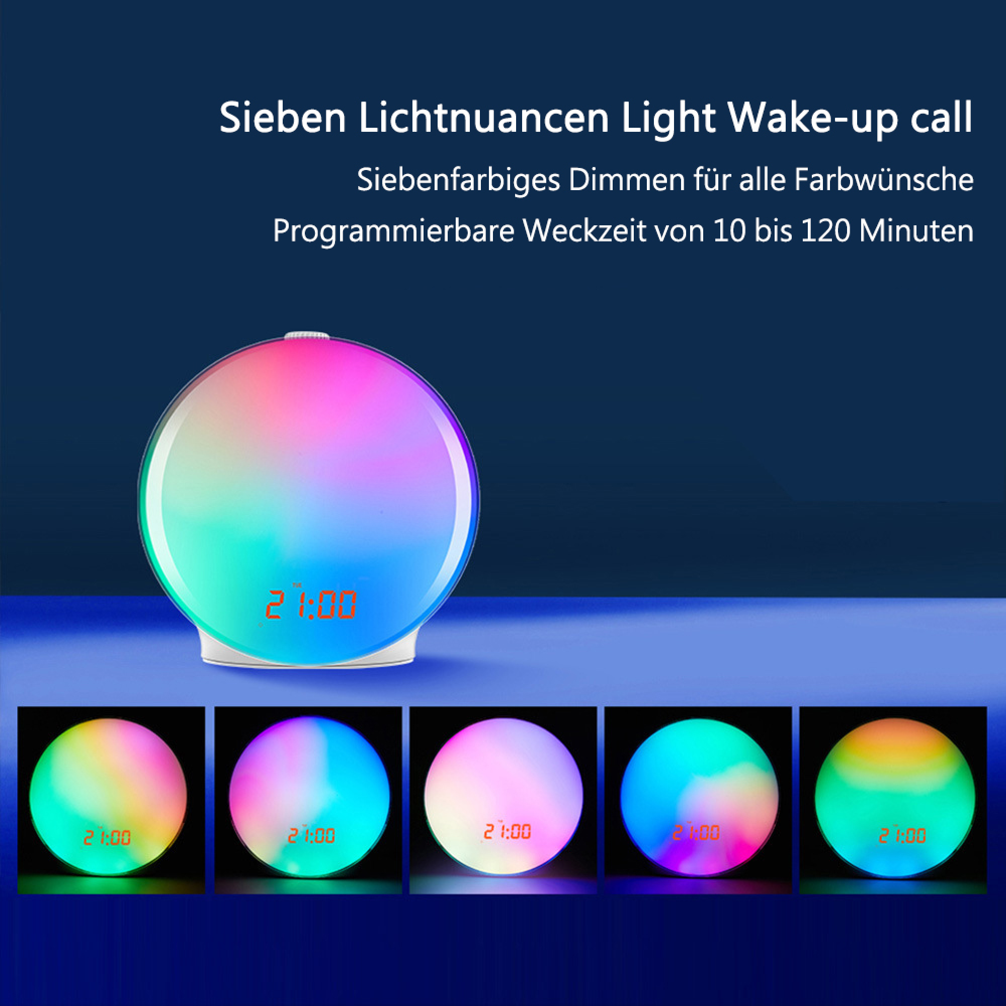 Ein runder Wecker leuchtet in vielen Farben, mit digitaler Uhrzeit.