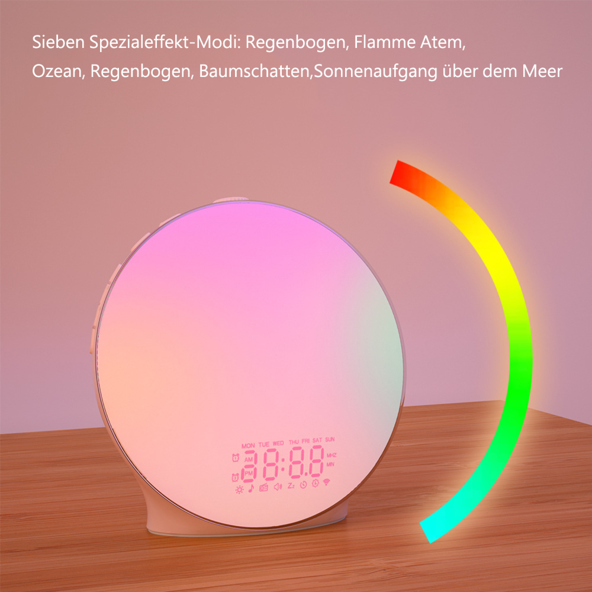 Ein Lichtwecker mit Regenbogenlicht und Digitalanzeige auf einem Holztisch.