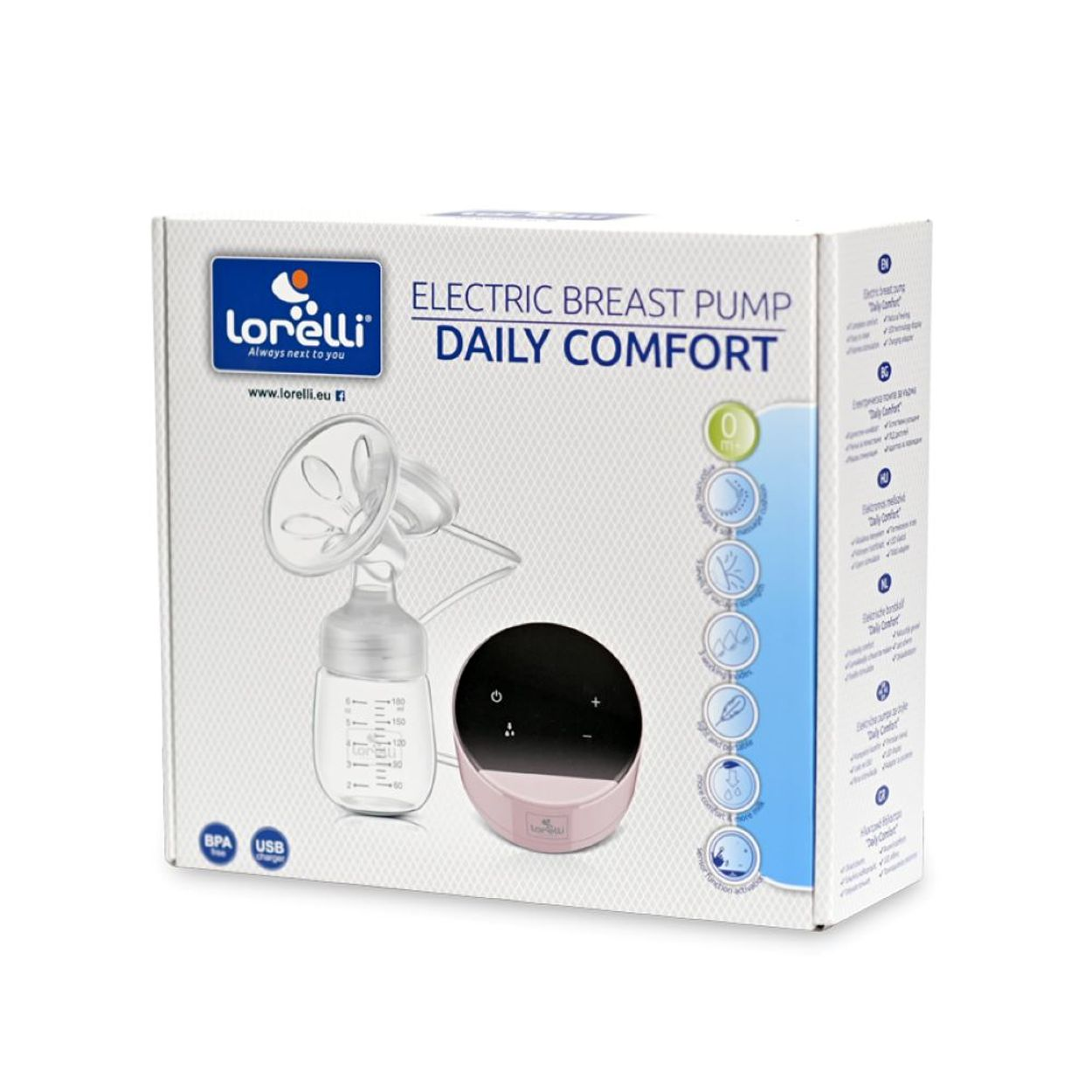 Packung einer Lorelli elektrischen Milchpumpe mit Flasche und Basisstation.