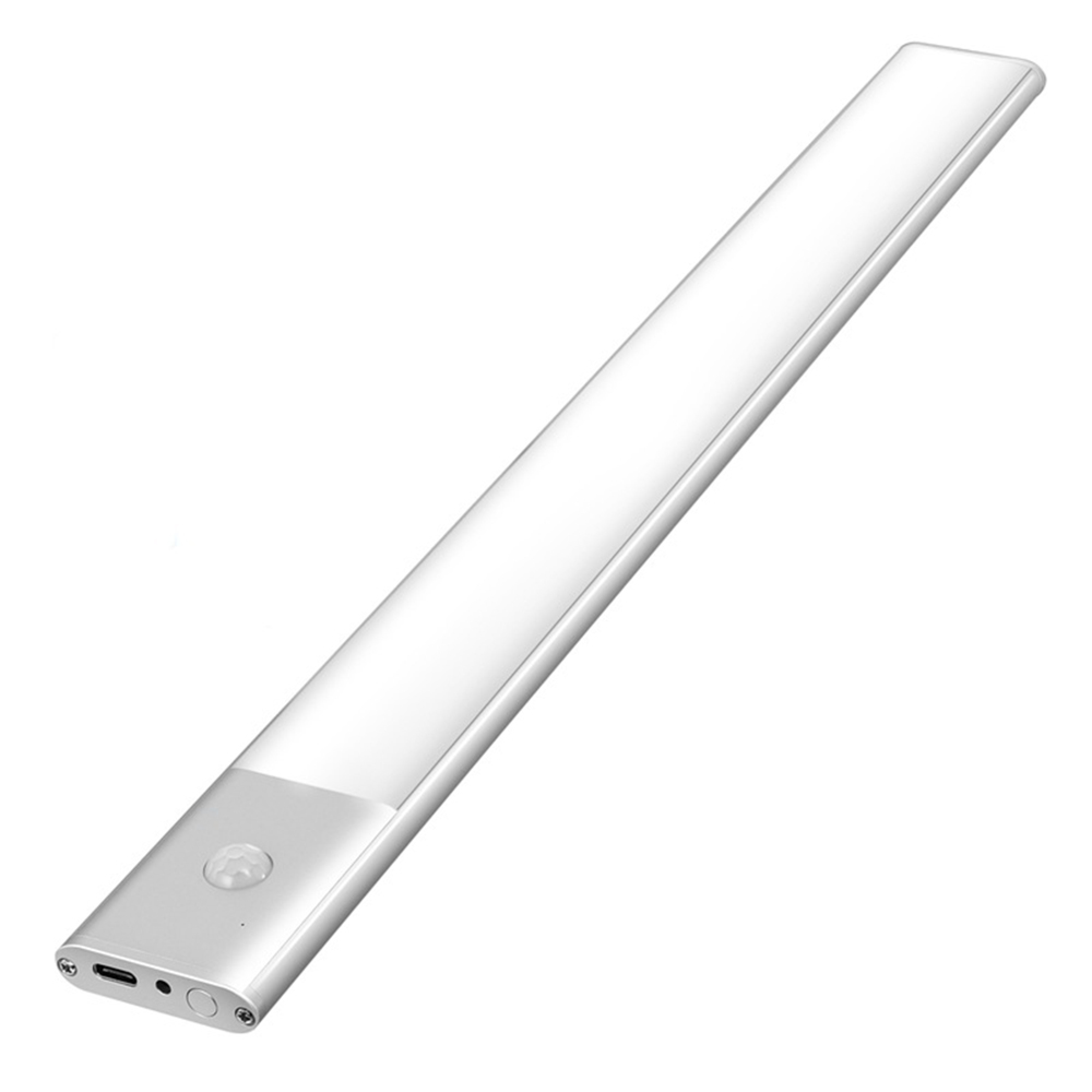 Ein schlankes, silbernes LED-Licht mit Bewegungssensor und USB-Anschluss.