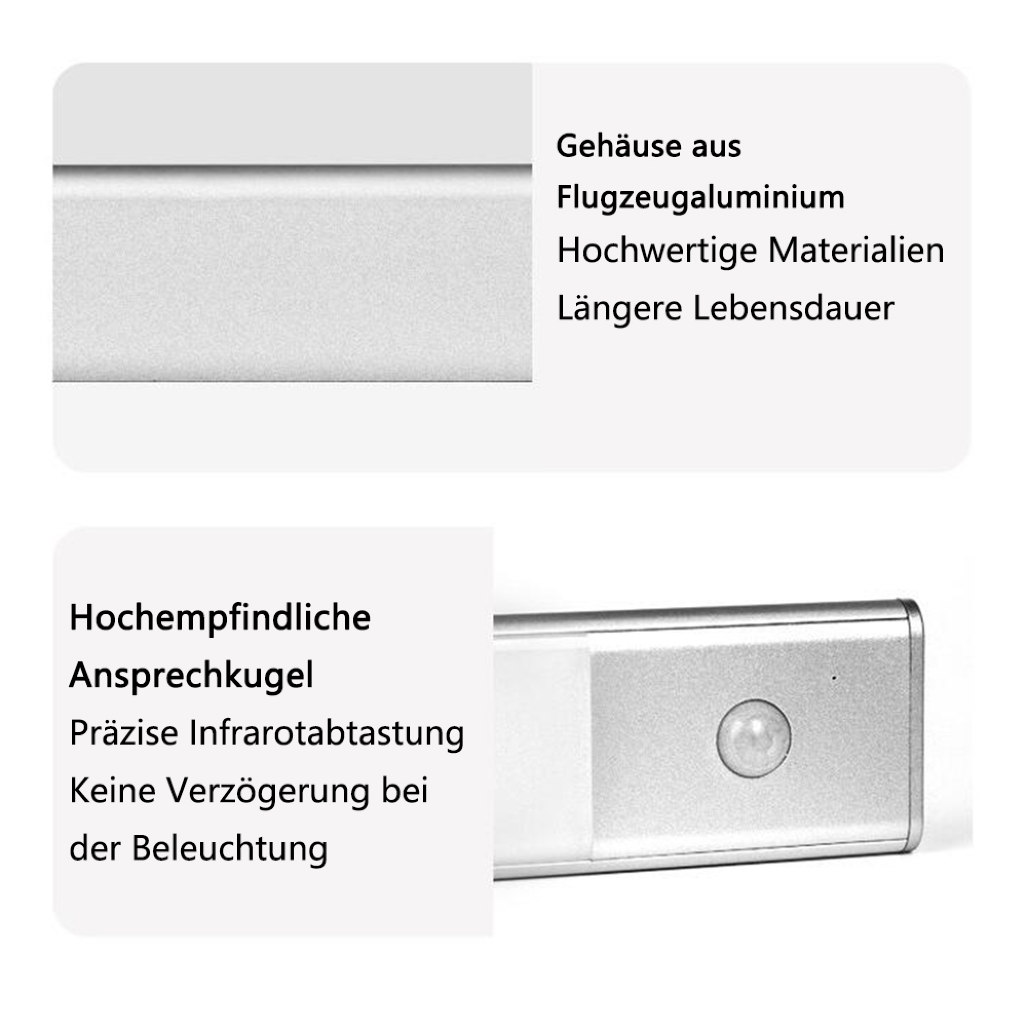 Silbernes Gehäuse mit Sensor und Text über Materialien und Leistung.
