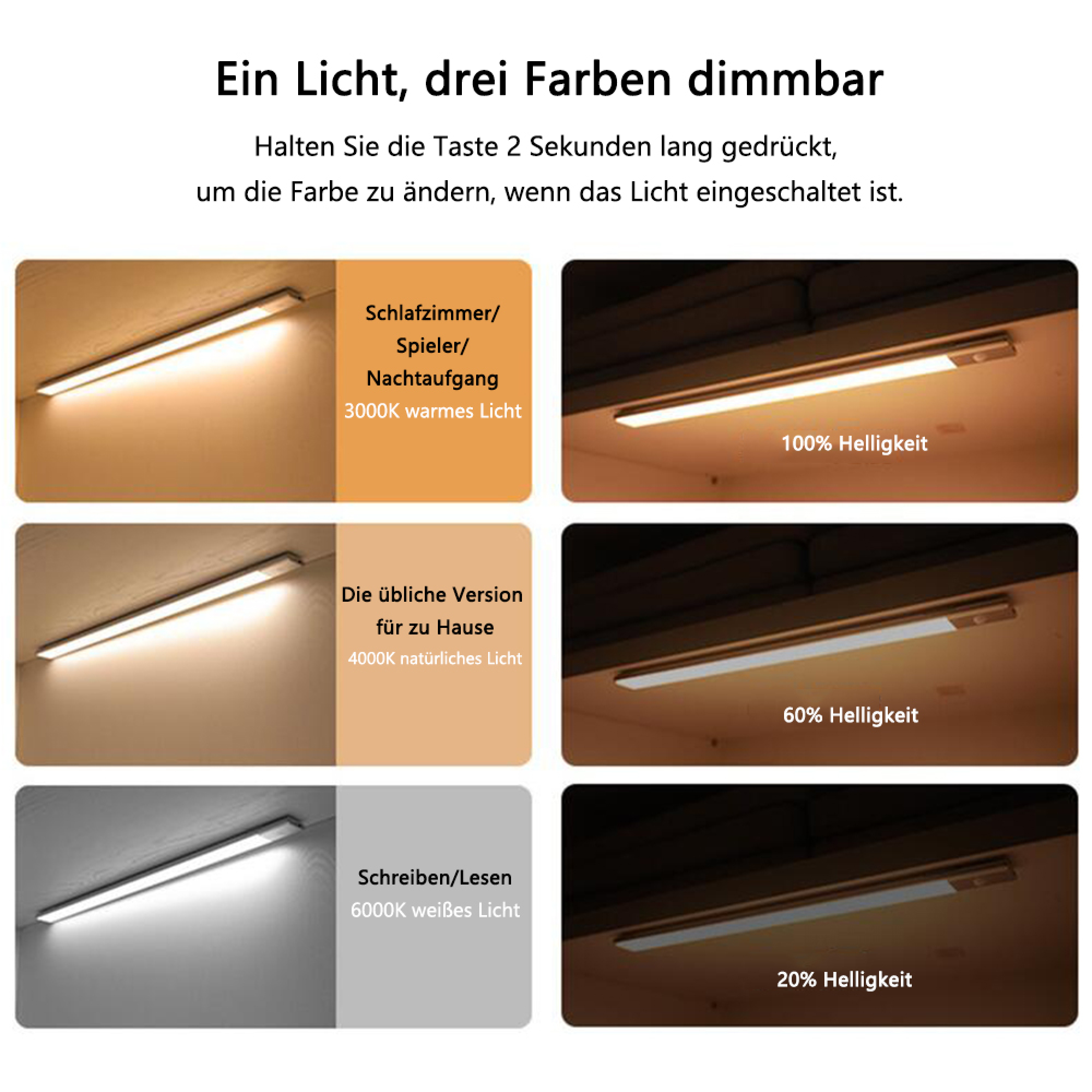 Ein Licht, drei Farben dimmbar: 3000K, 4000K, 6000K bei 100%, 60%, 20% Helligkeit.
