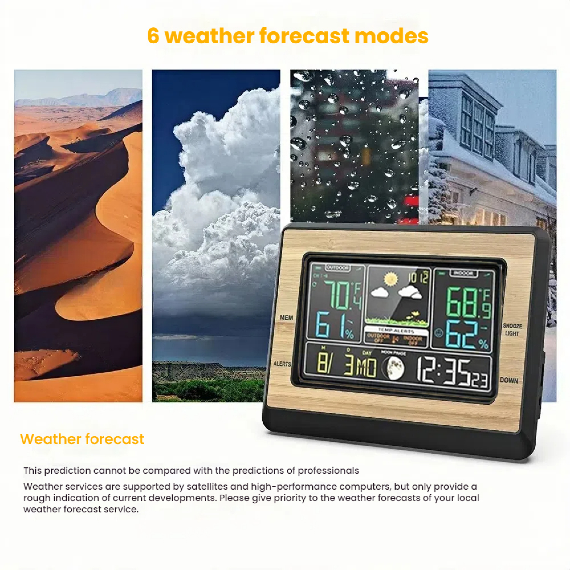 Digitales Wettergerät zeigt Wetterdaten, 4 Wetterbilder: Wüste, Wolken, Regen, Schnee.